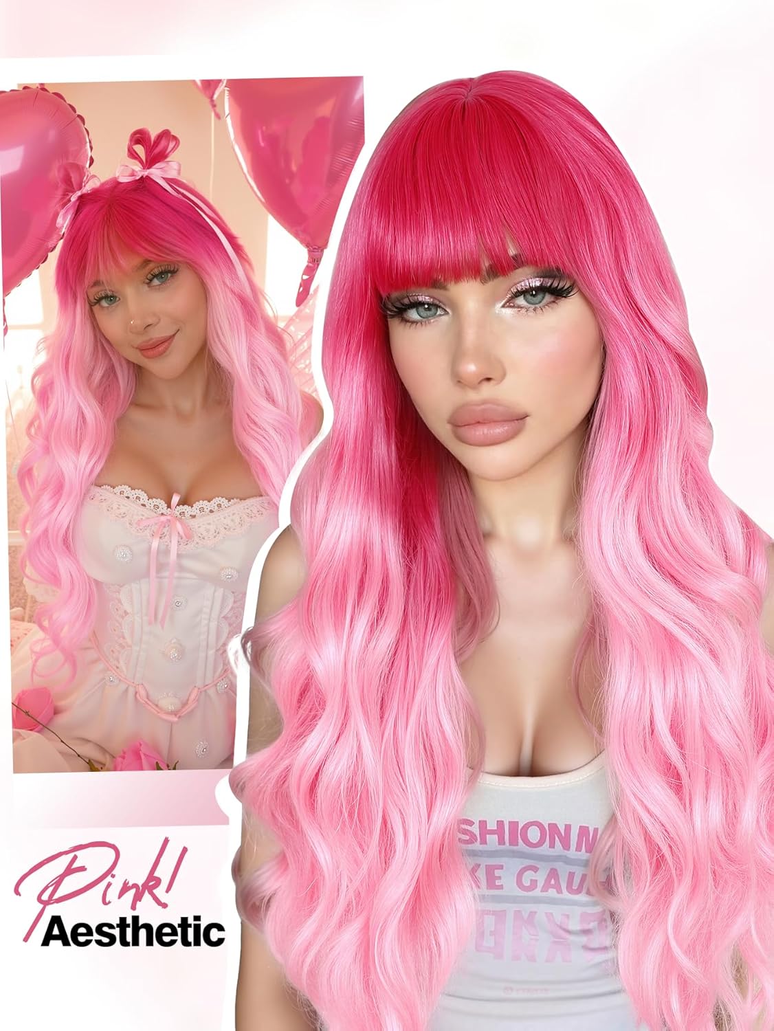 FANCEE Pink Wig with Bangs Long Curly Wavy Wig with Blunt Bangs for Women 26 Inch Synthetic Ombre Hot Pink and Pastel Pink Loose Wave Wigs for Cosplay Halloween Party Daily Use Ghost Roots