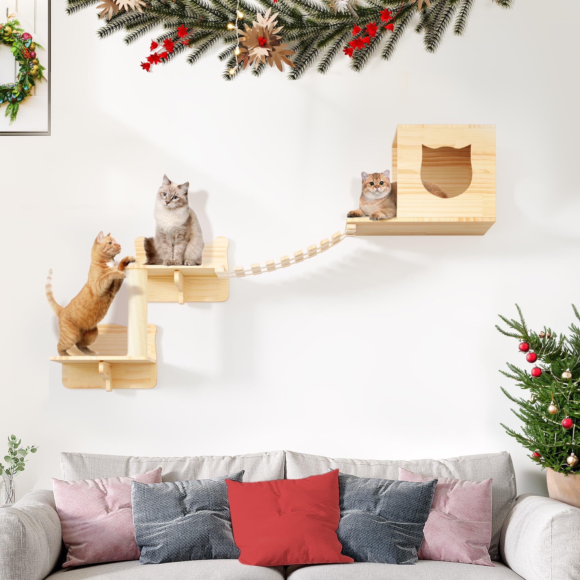DWVO Cat Wall Shelves and Perches for Wall, Wooden Wall Mounted Cat Furniture, Set of 5 Cat Climbing Shelves with 1 Cat Wall House, 2 Cat Wall Steps, 1 Cat Bridge Ladder and 1 Cat Scratching Post (B0CDP6Y7SB) Amazon Price History, Amazon Price Tracker