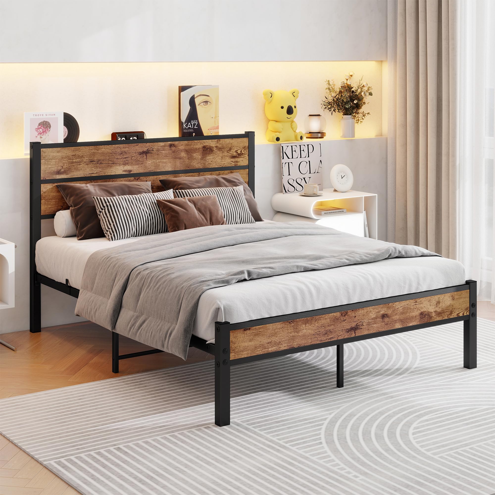 Bett 140x200 mit Metal Lattenrost,Bettgestell Metallbett 140x200 cm mit Holzkopfteil,Einfacher Aufbau Doppelbett Gästebett Jugendbett,Unterbett Stauraum