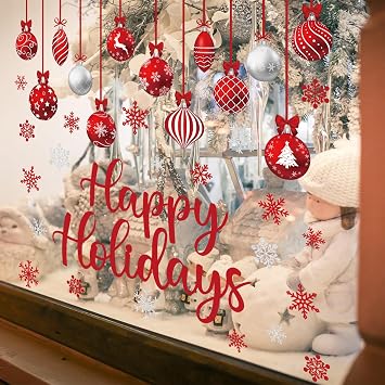 Red Merry Christmas Window Clings Decorations Xmas Ball Cling Set 6 Sheets