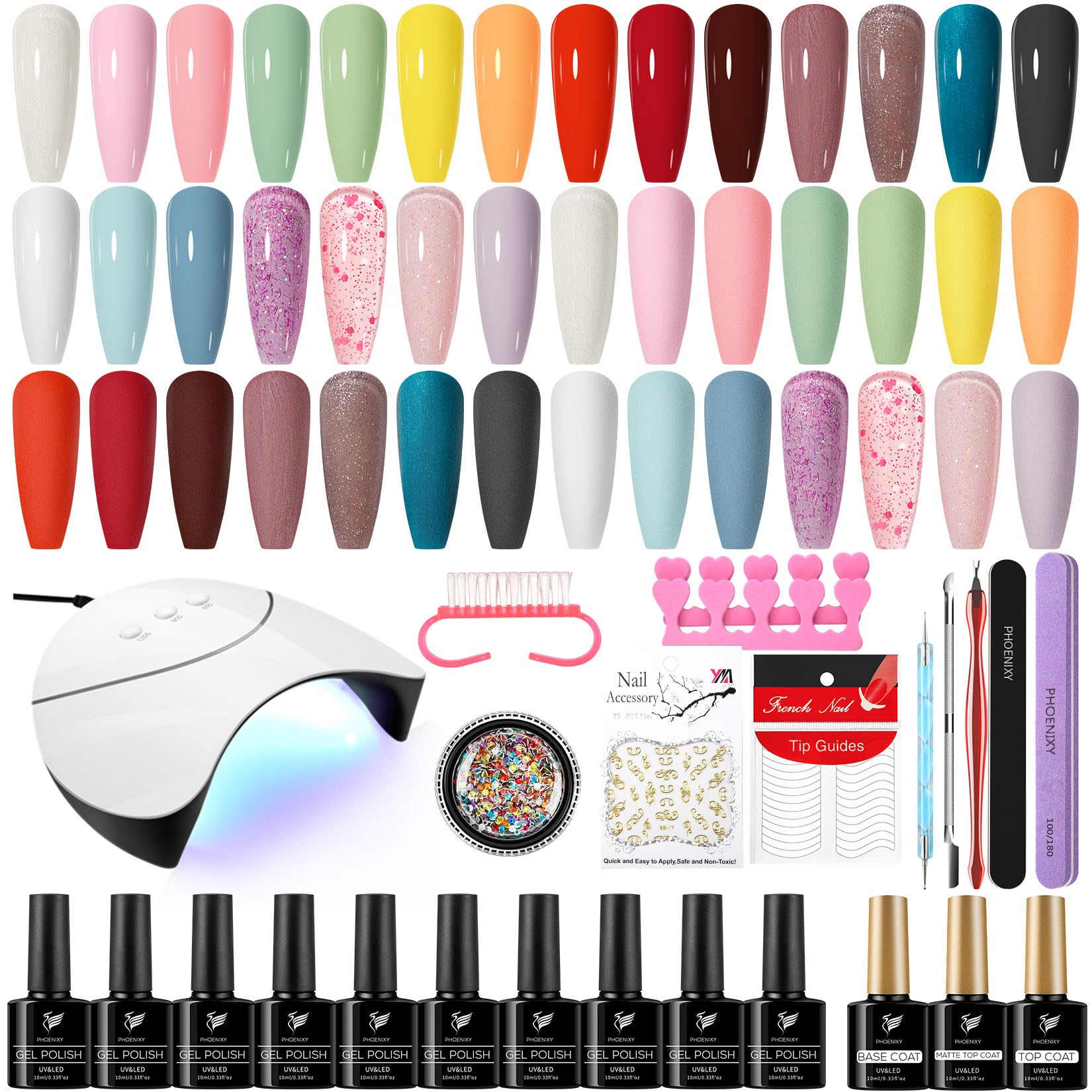Phoenixy 10ML Kit Uñas Semipermanentes, 21 Colores Uñas Semipermanentes Kit Completo con 36W Lampara Uñas Semipermanentes, Kit de Uñas Semipermanentes con Top Base Mate Coat