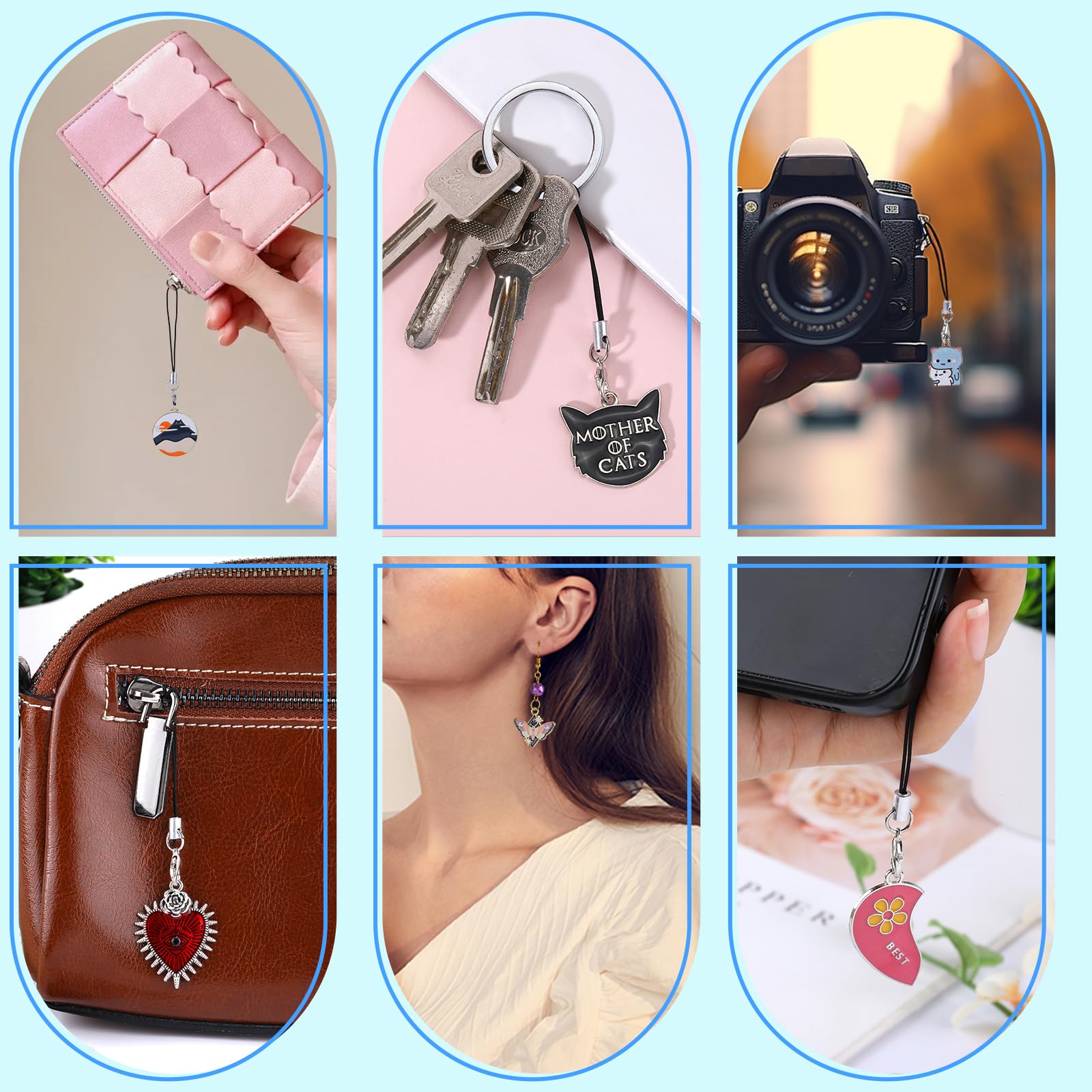 BEEFLYING 7Pcs Mignons Charms pour Téléphone Portable, Sangles de Charme de Cœur Gothique Kawaii pour Halloween,Pendentifs Esthétiques Y2K pour Téléphone Sac Porte-Clés Appareil Photo et Portefeuille