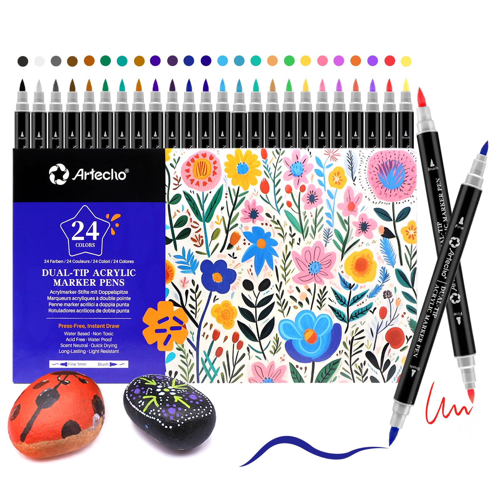 AEDAGA 24 kleuren acrylstiften, 12 stuks dubbele punt penseelpunt, acryl marker voor volwassenen, acryl marker voor stenen, eieren, hout, canvas, kunststof, glas en keramiek