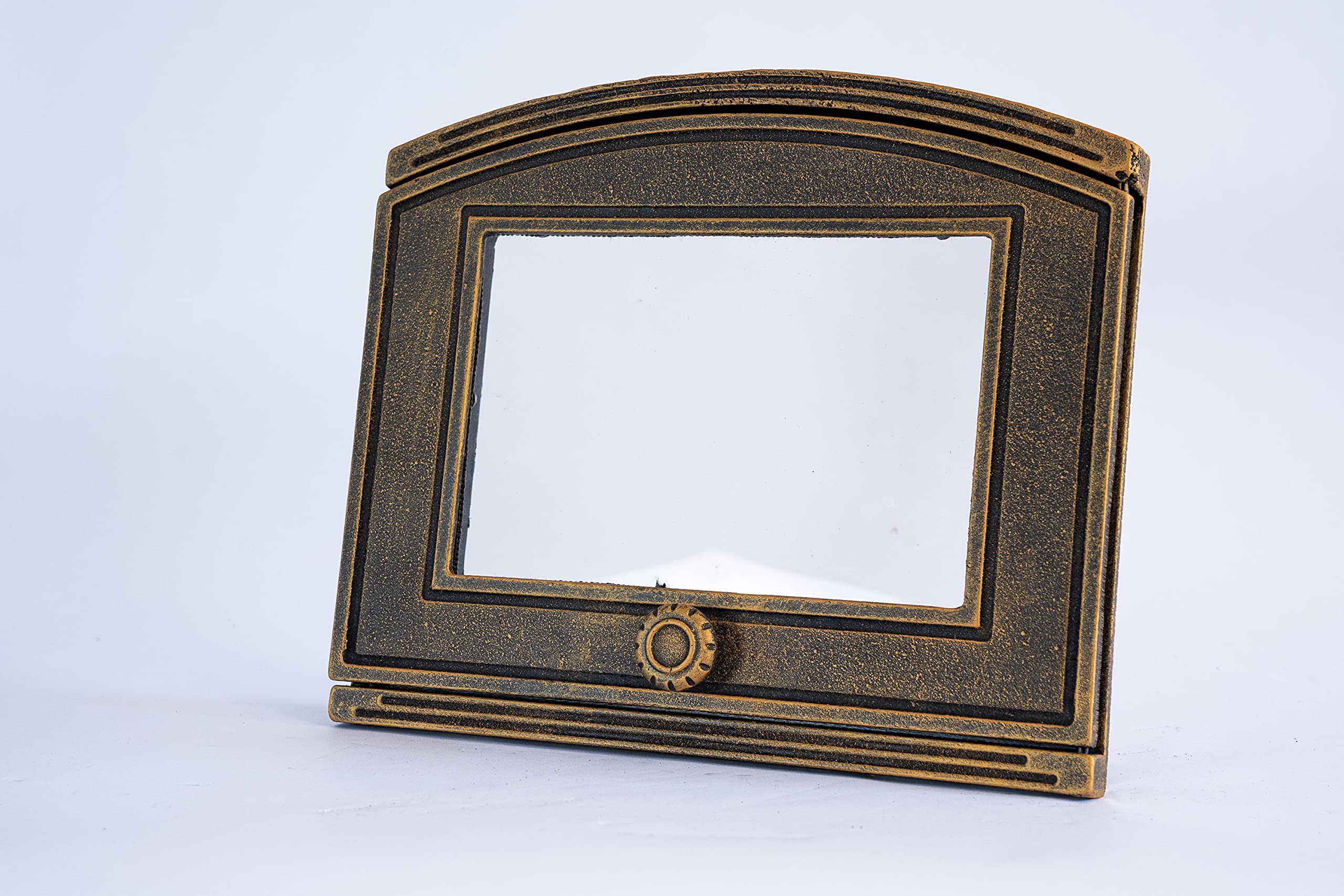 SEZAM Backofentür aus Gusseisen mit hitzebeständiger Glasscheibe, nach rechts öffnend, Pizzaofentür - Brotofen - Steinofentür, 37 x 6 x 31,5 cm - halbrund, altgoldfarbene Bemalung