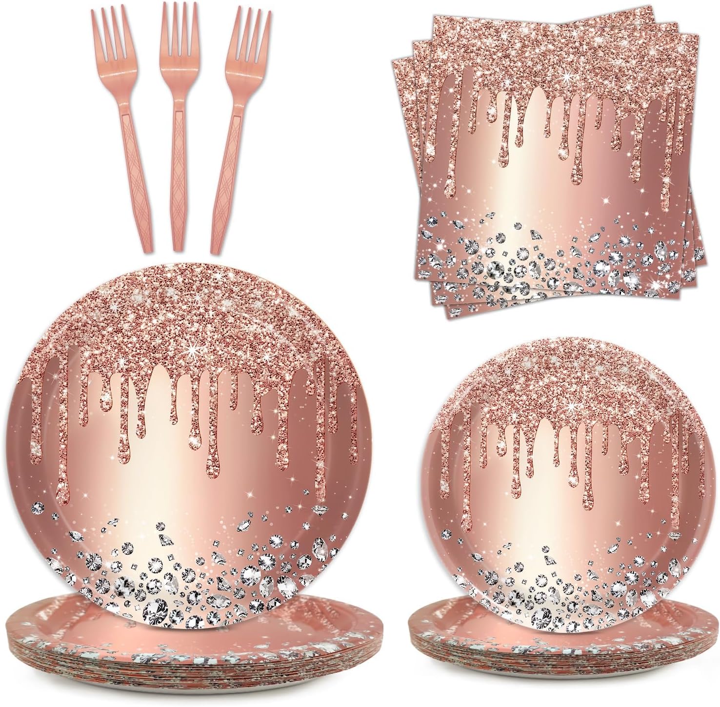 Rose Gold Party Plates and Napkins Set - Pink Birthday Decorations, Diamond Theme Supplies - Serves 24 Guests