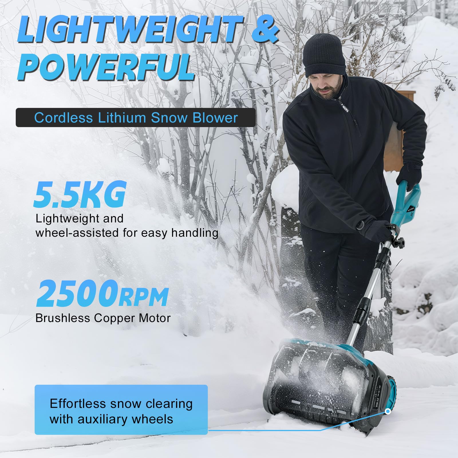 Akku Schneefräse für Makita 18V Akku (Ohne Akku), 1000W Bürstenlose Elektrische Schneebürste mit Stützräder, 20cm Räumhöhe, 30cm Reinigungsbreite, 6m Wurfweite, 45° Einstellbar