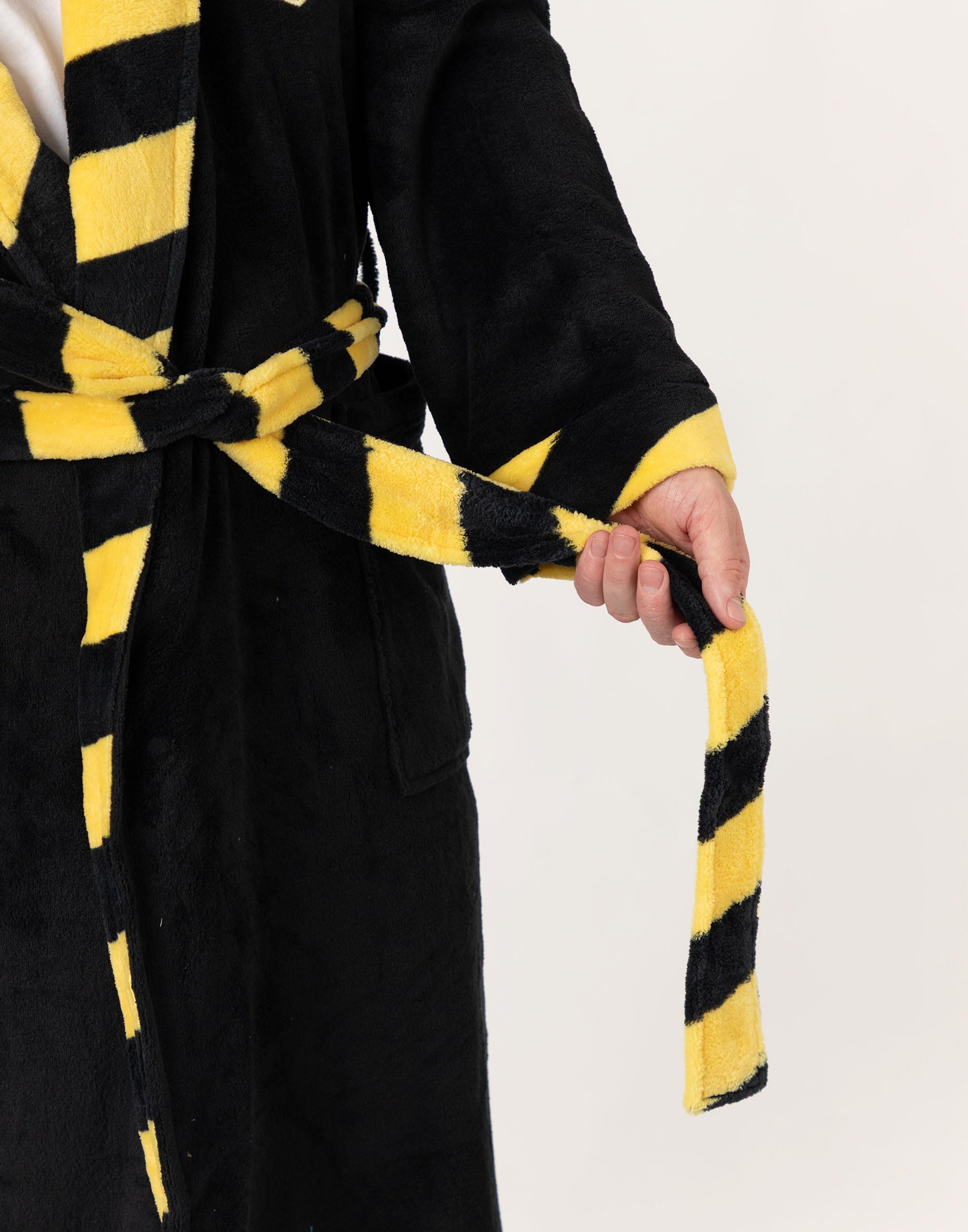 Harry Potter Albornoz unisex negro con capucha Hufflepuff | Cómoda ropa de estar por casa de forro polar con lazo | Pijama de manga larga con temática de películas | Ideal para relajarse en casa