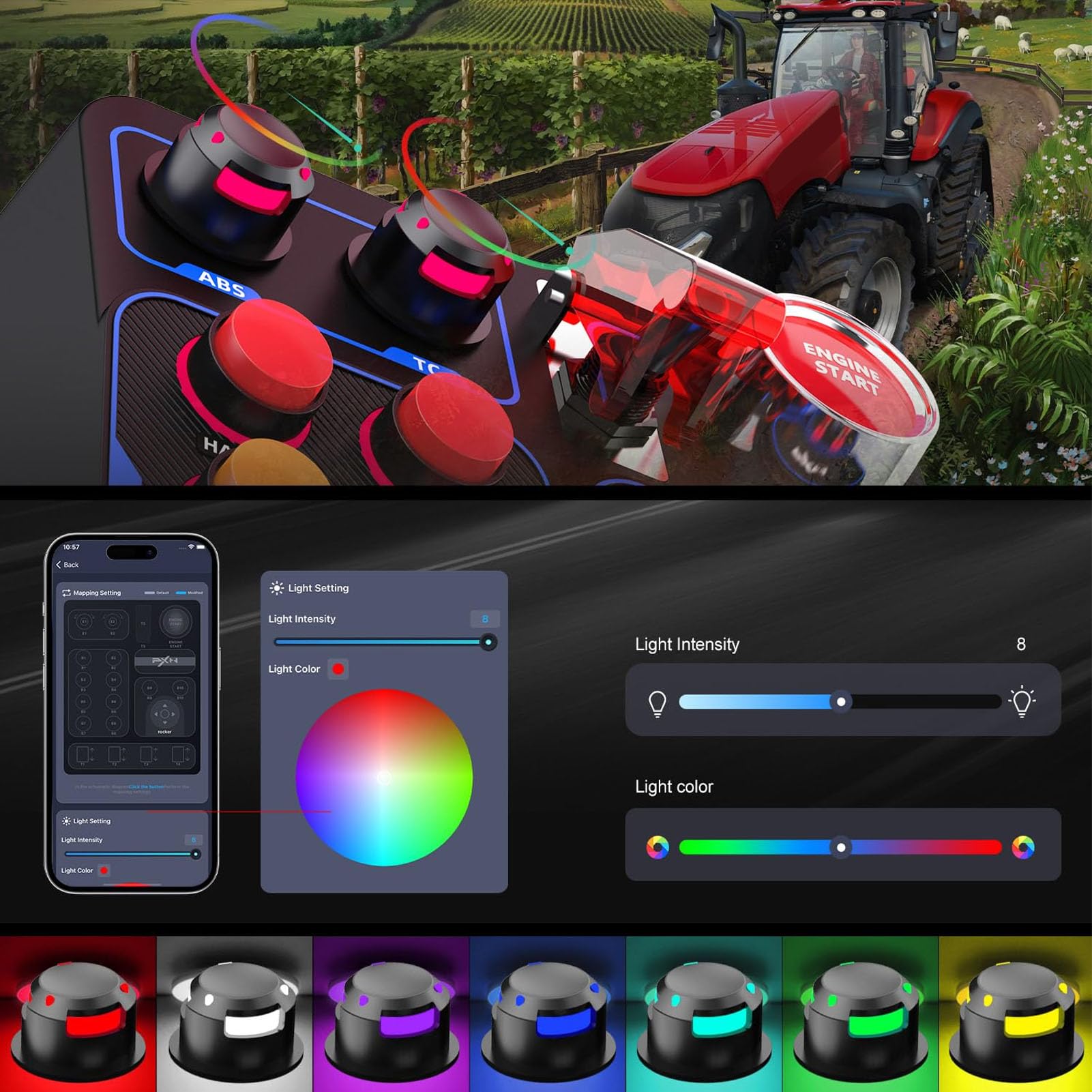 CB1 Racing Button Box, Symulator Sterowania Z 19 Przyciskami, 30 Opcjami Programowalnymi, Podświetleniem RGB, Portem USB, Do Komputerów PC 11 10 8 7
