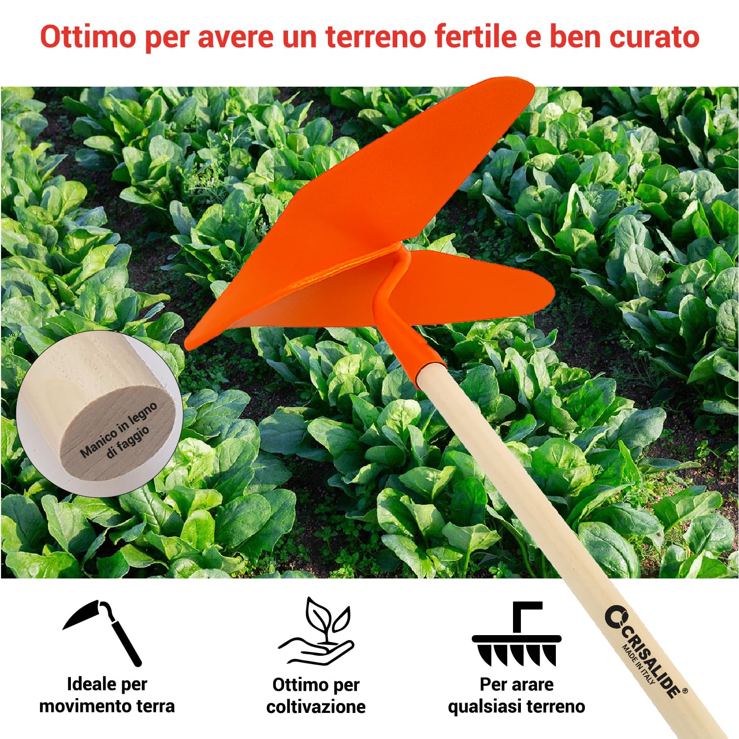 Crisalide® - Vomere Arancione Traccia Solchi In Metallo 27x30CM, COMPLETO DI MANICO In Legno 150CM, Indicato Per La Cura Dell'Orto E Del Giardino, Facile Da Utilizzare