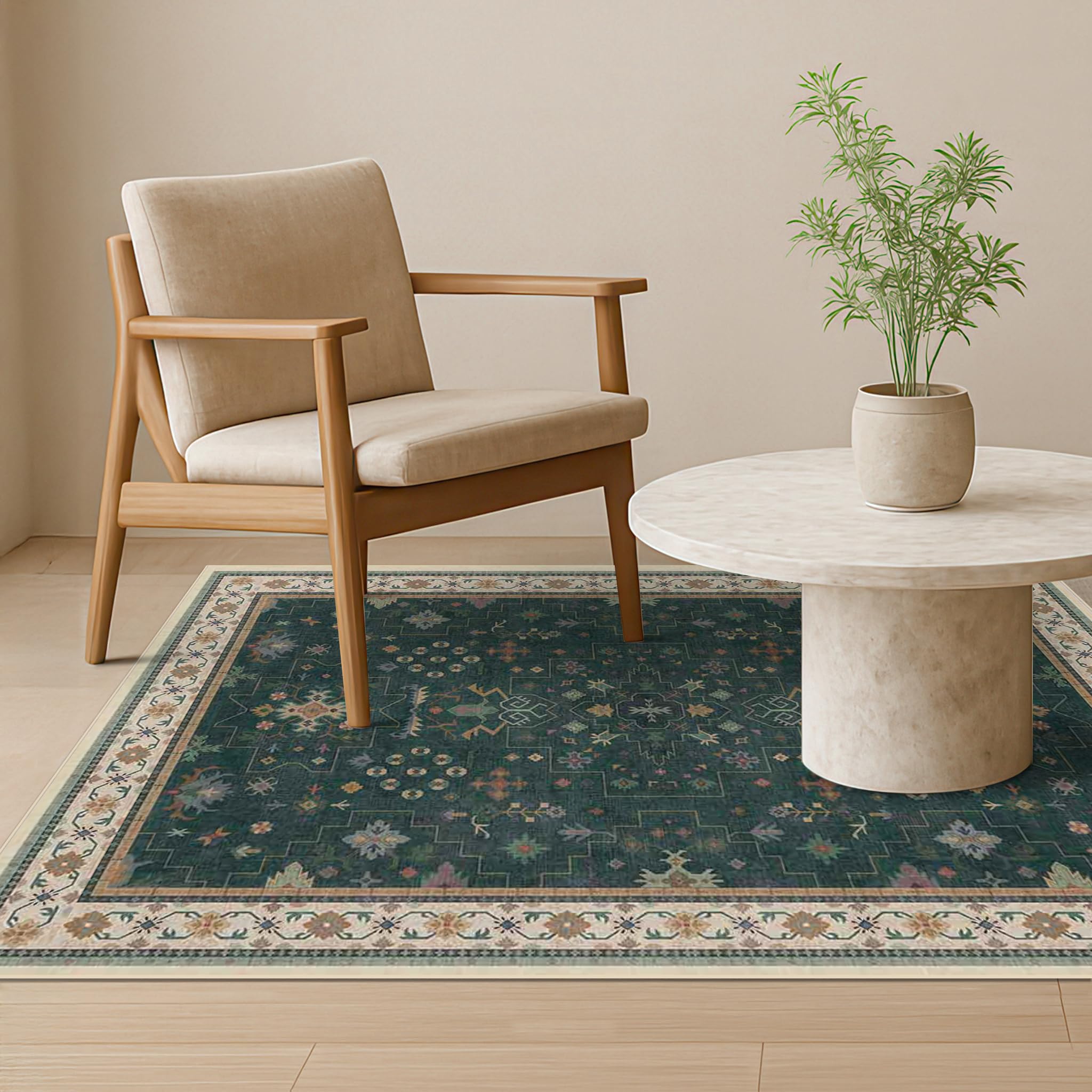 Hazo Haus Dark Green 4x6 Living Room Rug - Modern Vintage Boho Floral Forest, Washable Low Pile Non-Slip Area Rugs for Door Mat Entrance, Mudroom,