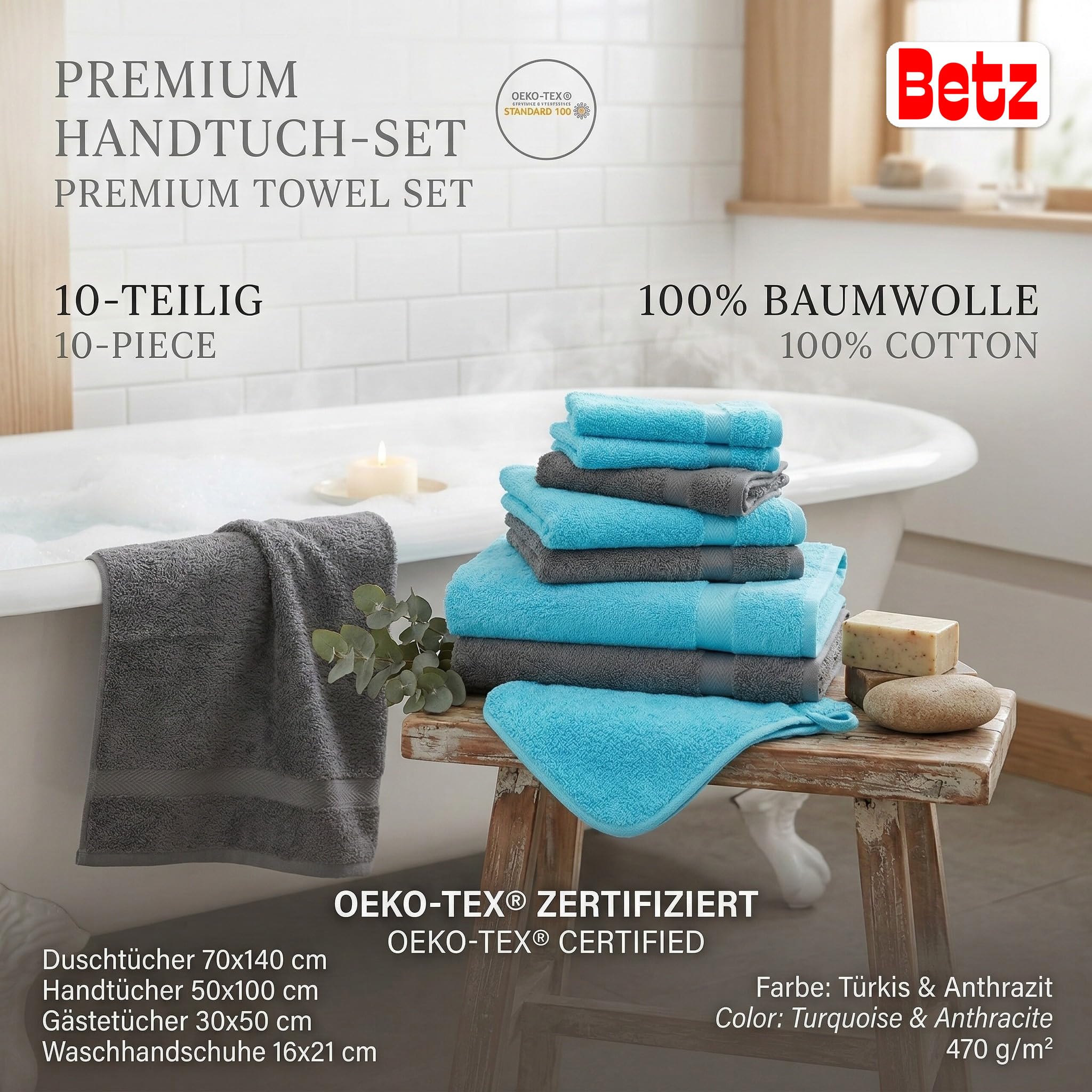 Betz set di 10 asciugamani Premium 100% cotone 2 teli doccia 4 asciugamani 2 asciugamani per ospiti 2 guanti da bagno colore turchese e antracide