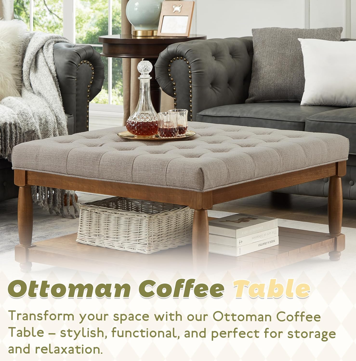 Ottoman Coffee Table, Upholstered Square Coffee Table with Storage Solid Wood Shelf, Linen Large Footrest Ottoman Pouf for Living Room, Linen