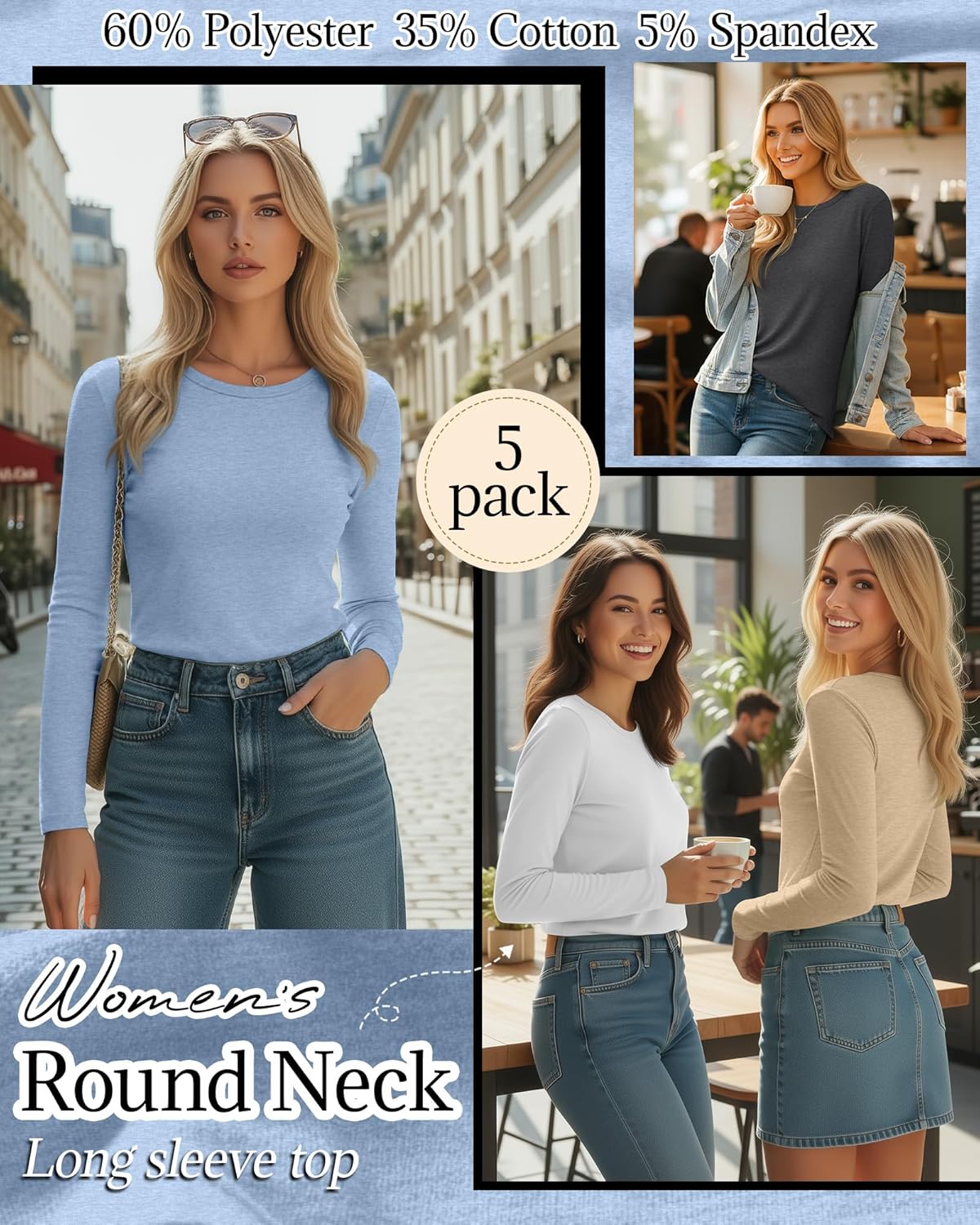 Huukeay 5 Pack Women's Crew Neck Long Sleeve Shirts, Cotton Blend Casual Clothes Workout Basic Layering Tee Tops Multipack - Image 2