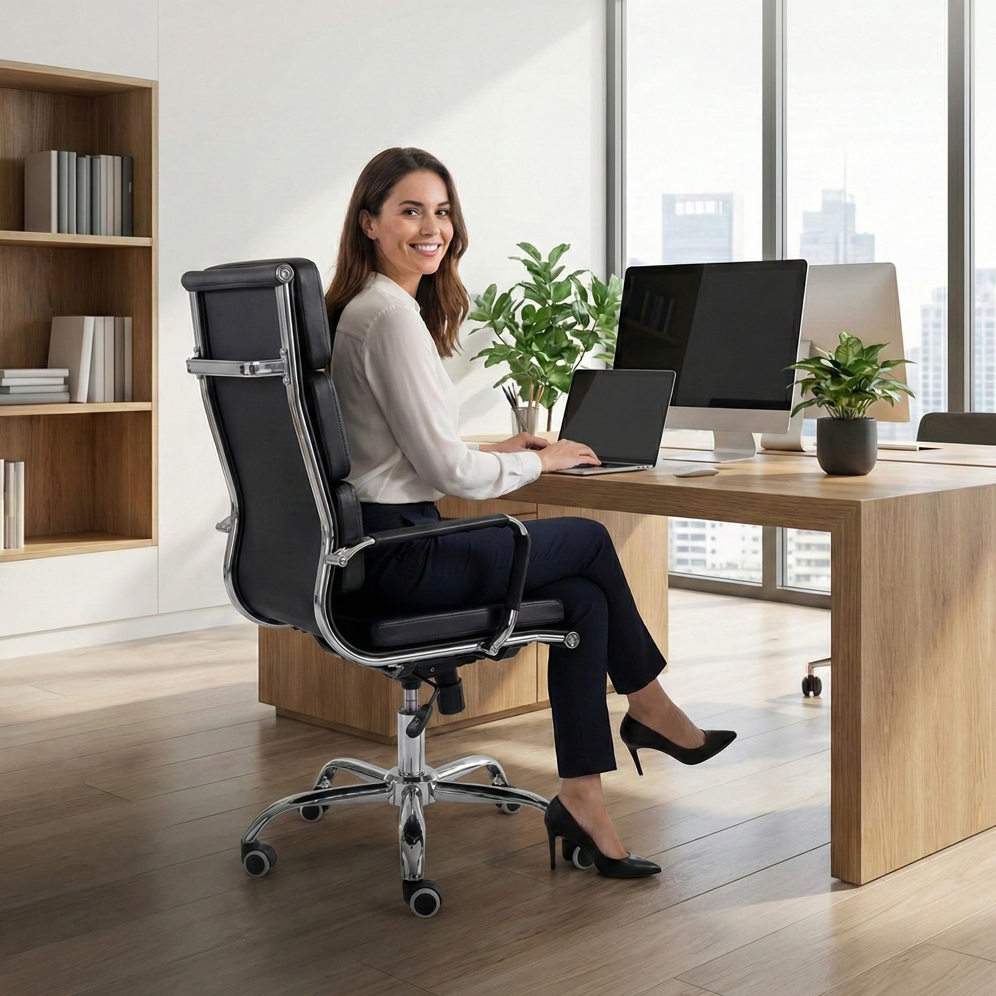 Cribel Poltrona Mito Presidenziale in Finta Pelle Nera con Metallo Cromato, Sistema Basculante e Altezza Regolabile, Design Moderno per Ufficio, Studio e Home Office, 56 x 61 x 117 cm