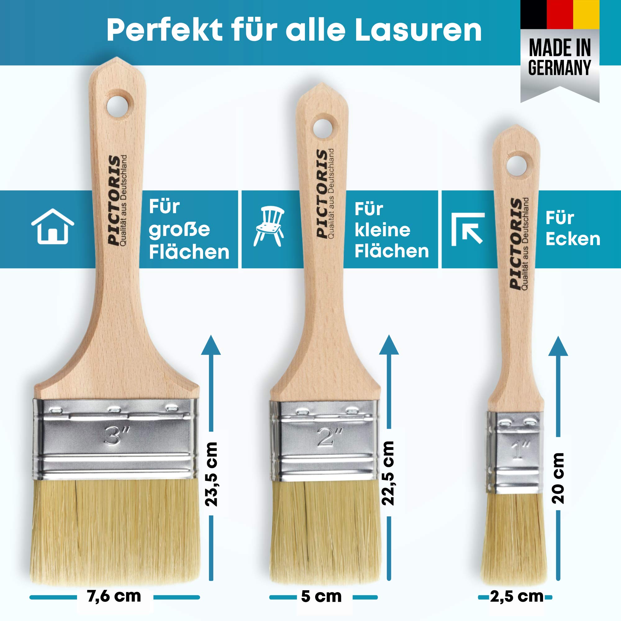 PICTORIS Juego de 3 pinceles para barniz, fabricado en Alemania, sin pérdida de cerdas, pincel profesional para barnizado de madera, aceite de linaza, pintura de tiza, pincel para madera con pintura