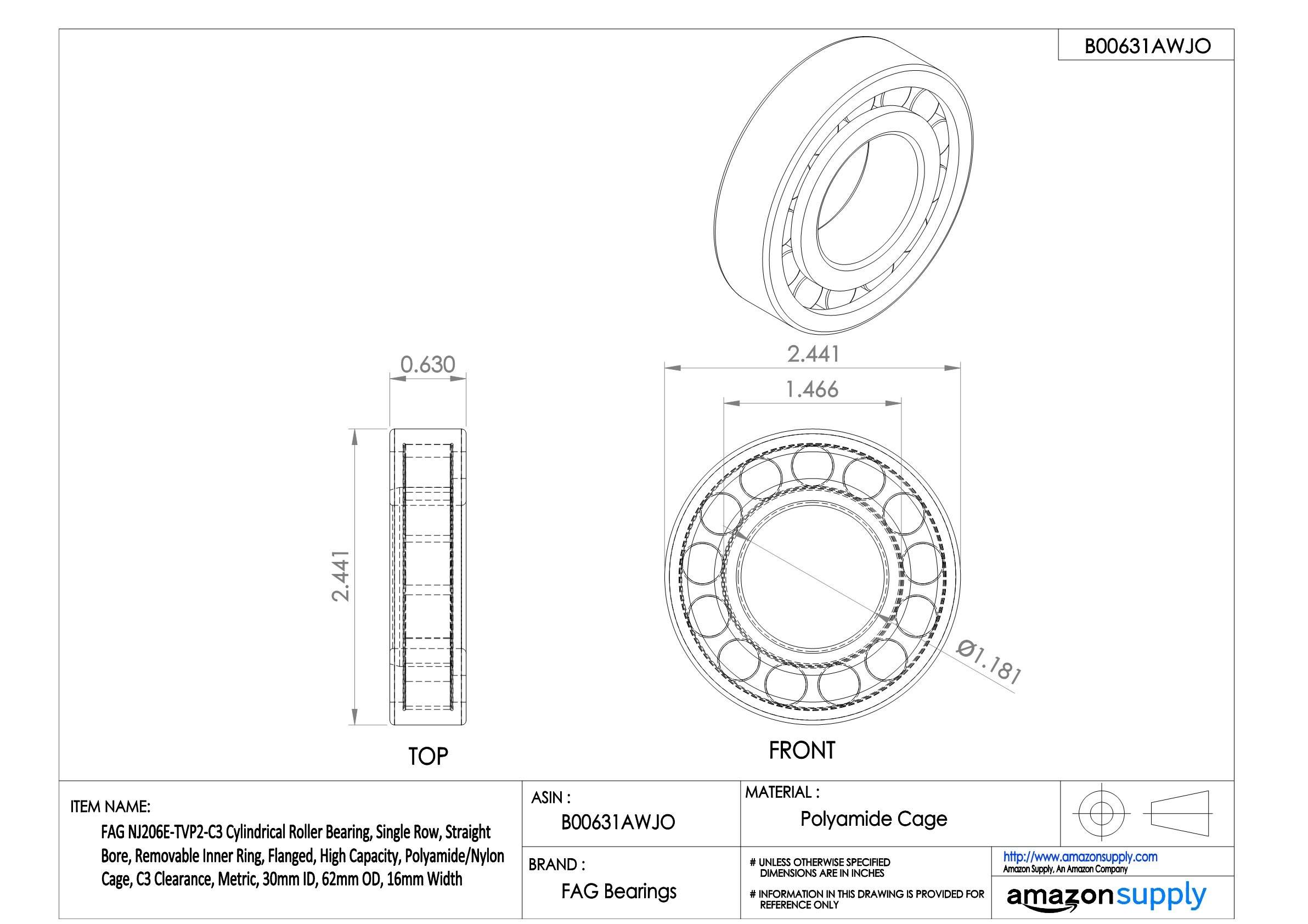 FAG nj206e-tvp2-c3 Zylindrische Roller Bearing, einreihig, gerade Bohrung,abnehmbarer Ring, innen Flansch, Hohe Kapazität, Polyamid/Nylon Käfig,C3 Clearance, metrisches,30 mm ID,62 mm OD,16 mm Breite