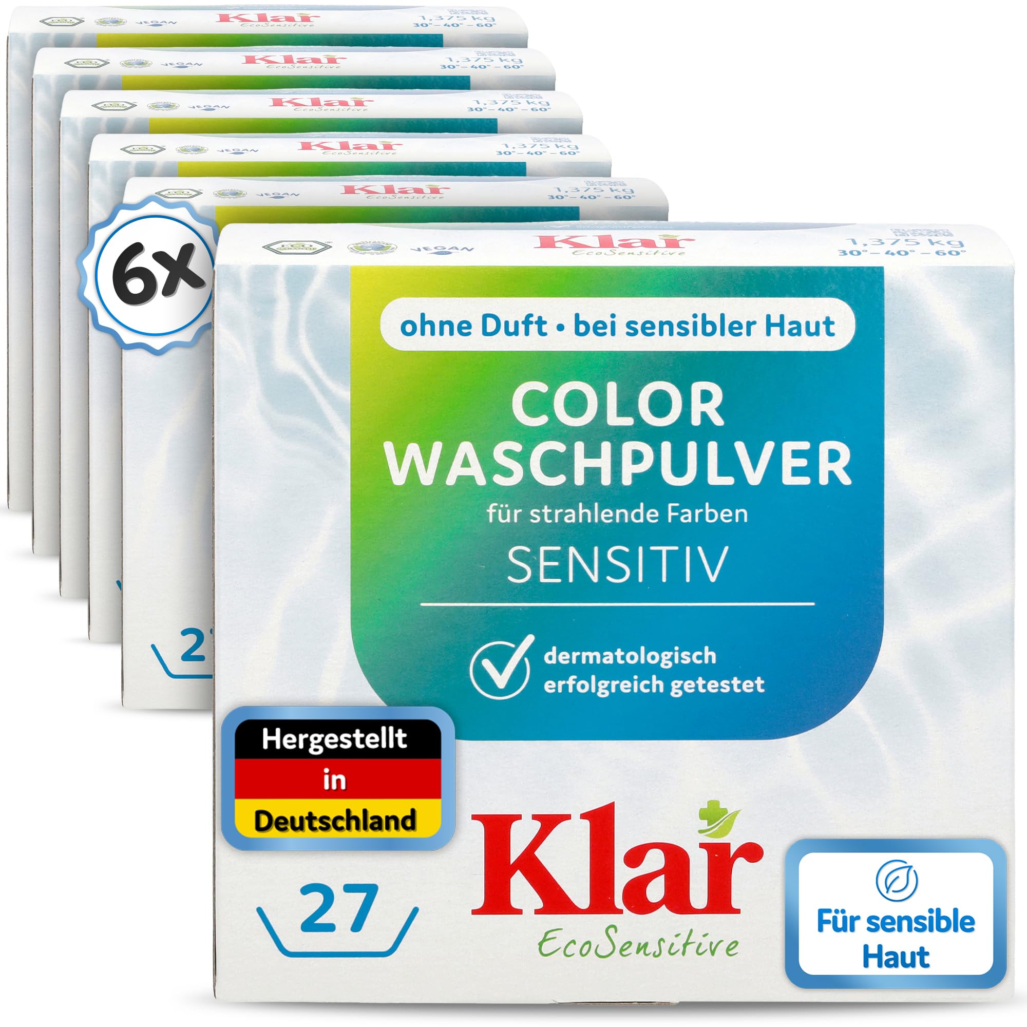 Klar EcoSensitive Color Waschpulver SENSITIV, 1,375kg - ohne Duftstoffe | Hypoallergenes Color Waschmittel - Sensitive & für Allergiker geeignet durch DAAB - Für strahlende Farben bei 30-60°C, vegan
