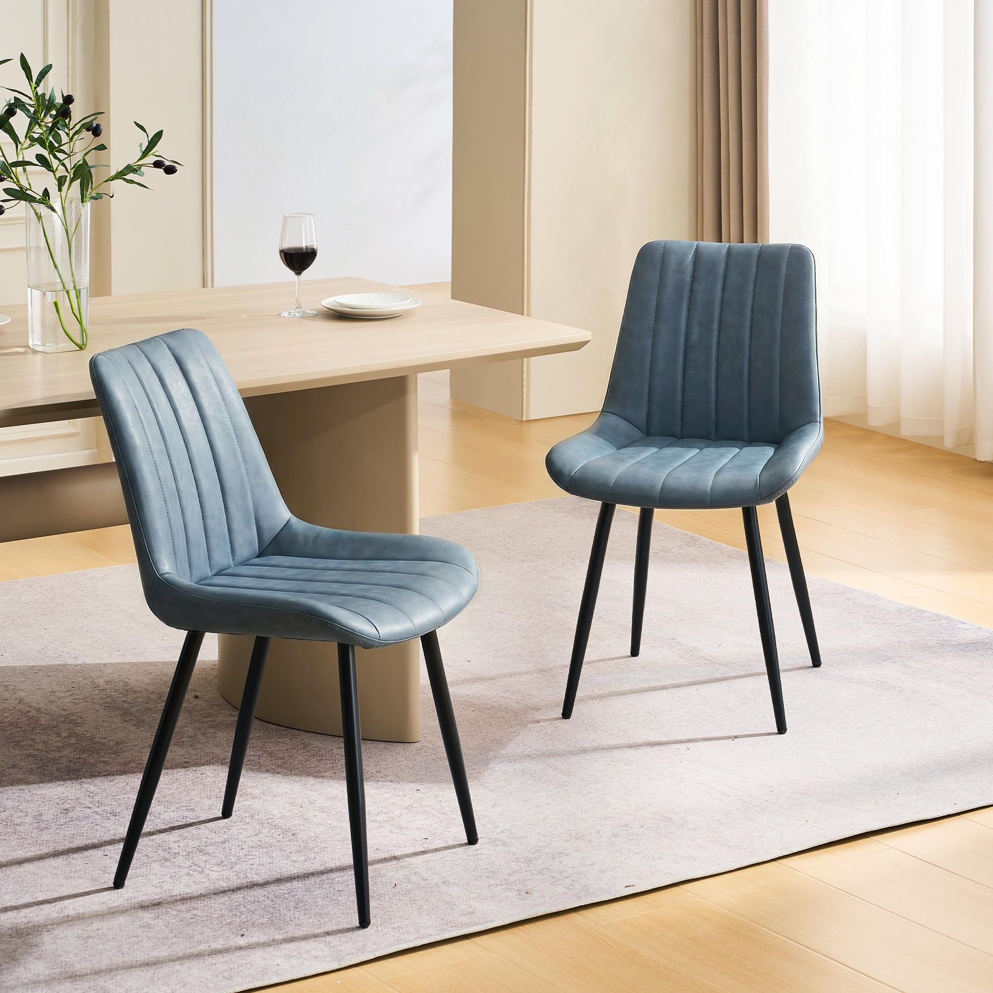 CLIPOP Dining Chairs Set of 2 Faux Leather, Kitchen Chairs with Curved Backs and Metal Legs, Padded Seat Reception Occasional Chair for Dining Room, Blue