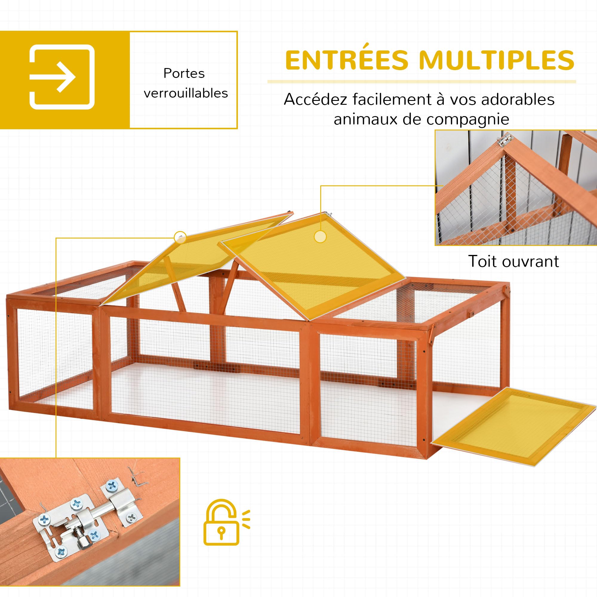 PawHut Clapier Lapin extérieur en Bois, Cage Cochon d'Inde 180 x 90 x 48 cm avec Toit ouvrable et Portes verrouillables, abri pour rongeurs avec enclos et Espace Libre pour Petits Animaux, Jaune