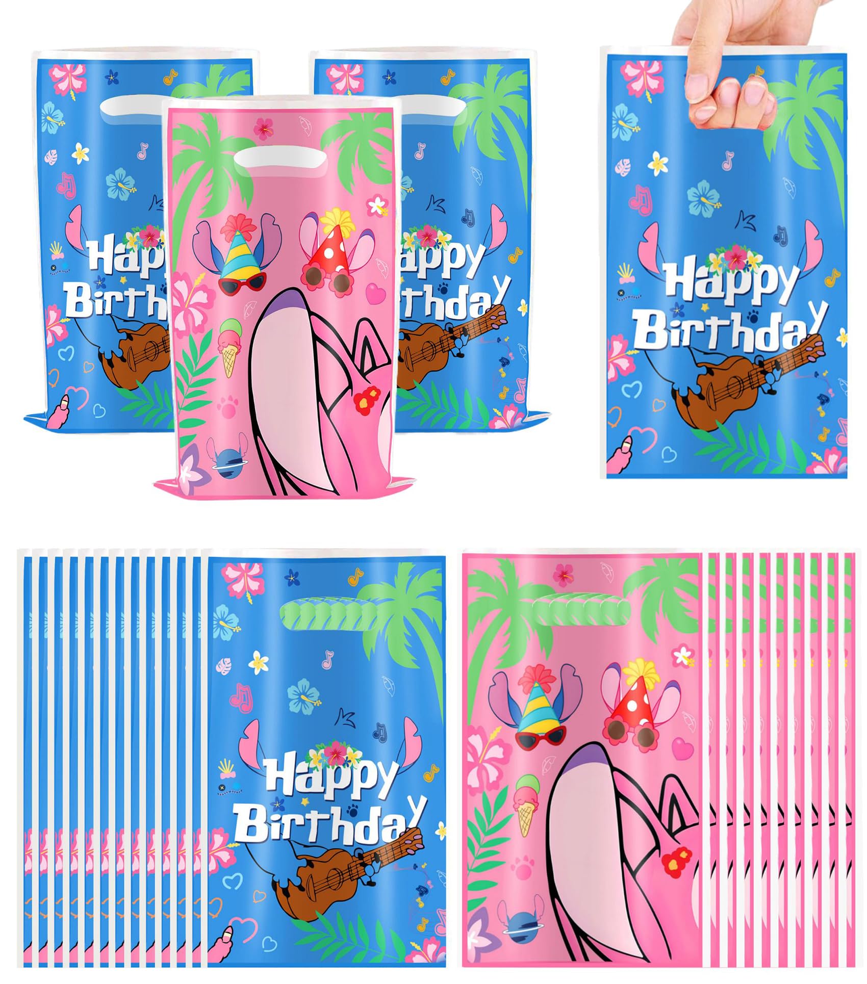 50 Pcs Cartoon Happy Birthday Party Bags, Cute Alien and Angel Candy Goodie Treat Bags with Handles, Blue Pink Hawaii Plastic Gift Bag Party Decorations (Blue+Pink)