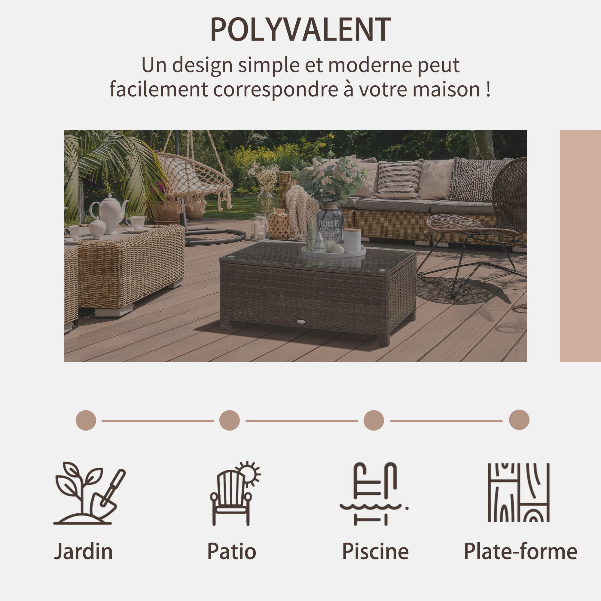 Table Basse de Jardin Outsunny Verre trempé 5 mm rotin tressé 85 x 50 x 39cm 50 kg Marron