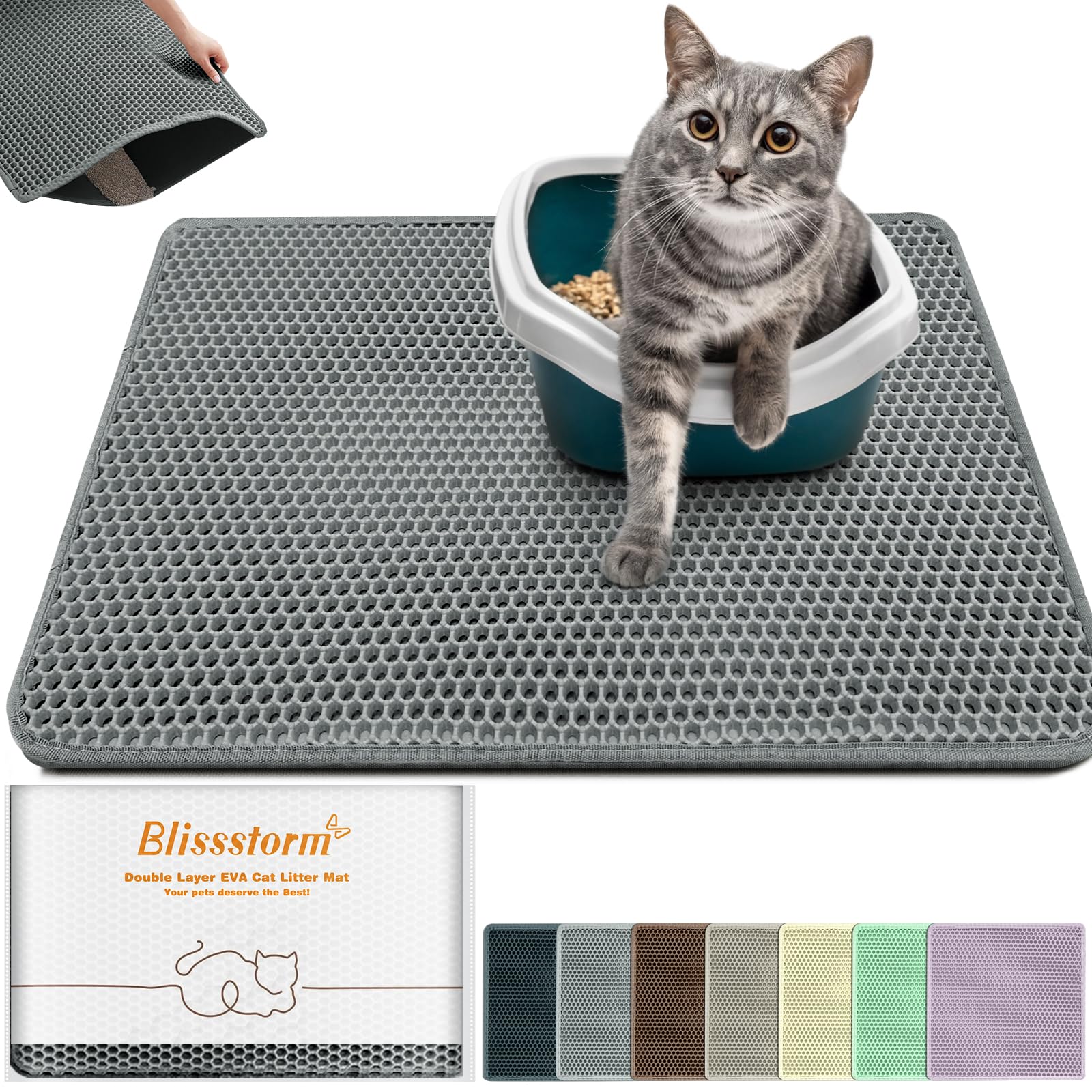 blissstorm Extra Large Waterproof Cat Litter Mat - New 35x24 Inch Honeycomb Double Layer Traps Litter, Waterproof & Non-Slip Floor Protector, Easy Clean, Odor-Free, Dark Gray