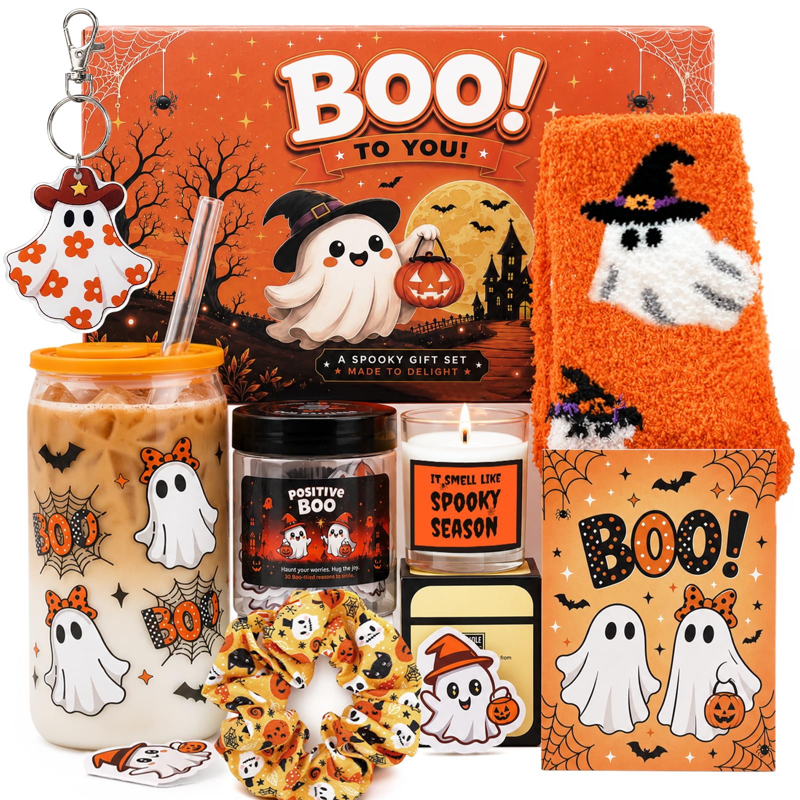 ONEHAUS Boo Basket Stuffers for Women 12 Pcs Halloween Spooky Gifts, Orange