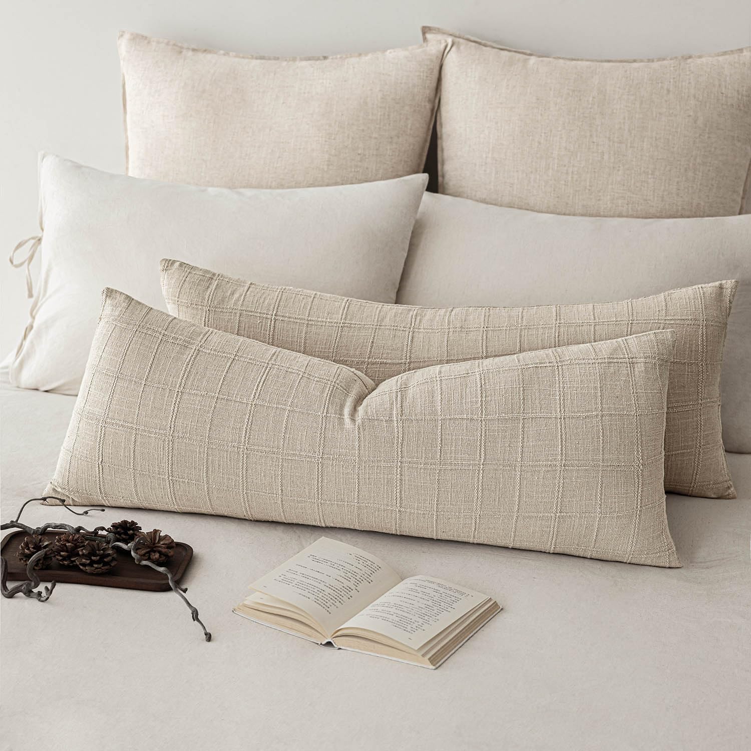 Foindtower Long Linen Check Lumbar Throw Pillow Cover 14×36 Cream White