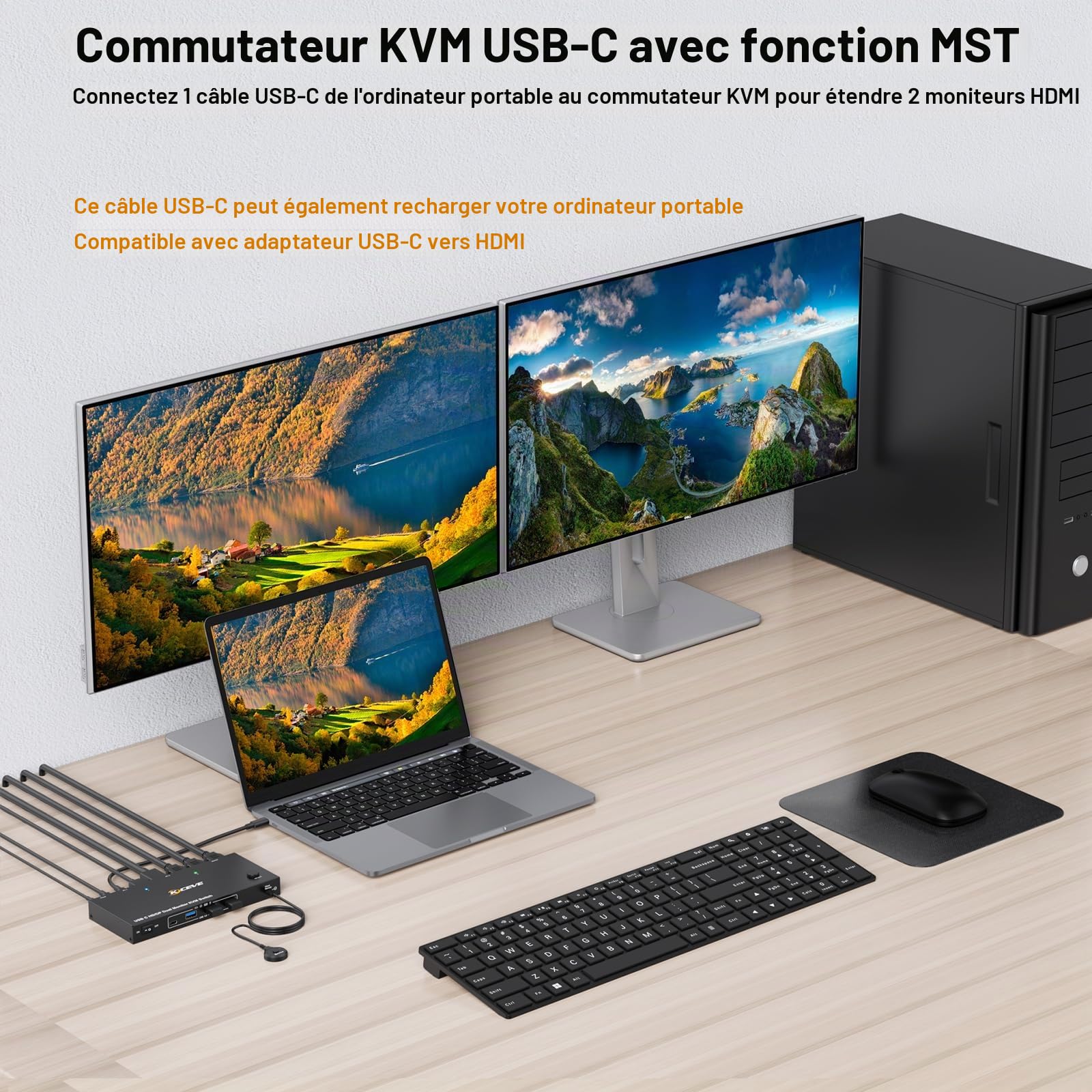 KVM Switch Laptop PC 2 Moniteur, KVM Switch 2 PC 2 Monitor USB C DP HDMI Partage 4 USB 3.0 Ports, 4K@60Hz, MST, PD 60W, Wired Remote(4K USB C DP HDMI 2 in 2 out KVM)