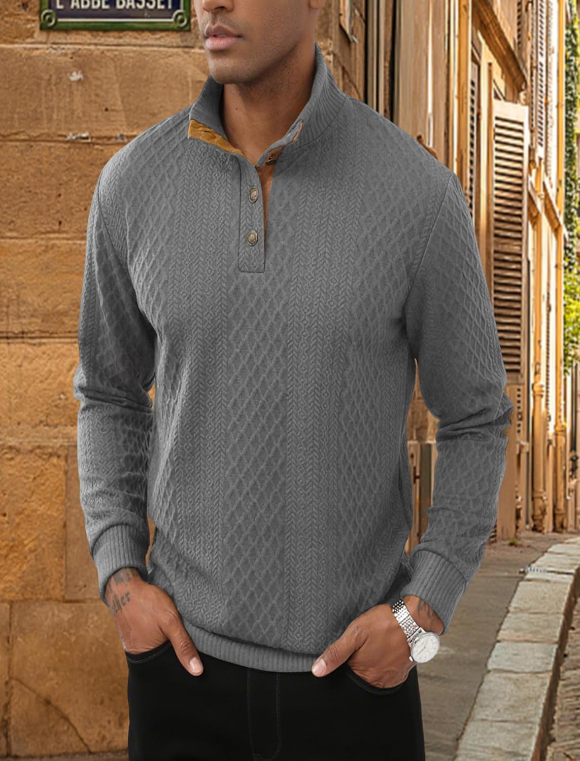 Lexiart Mens Casual Knitted Pullover Sweater Long Sleeve Stand Collar Vintage Button Sweaters with Elbow Patches - Image 3