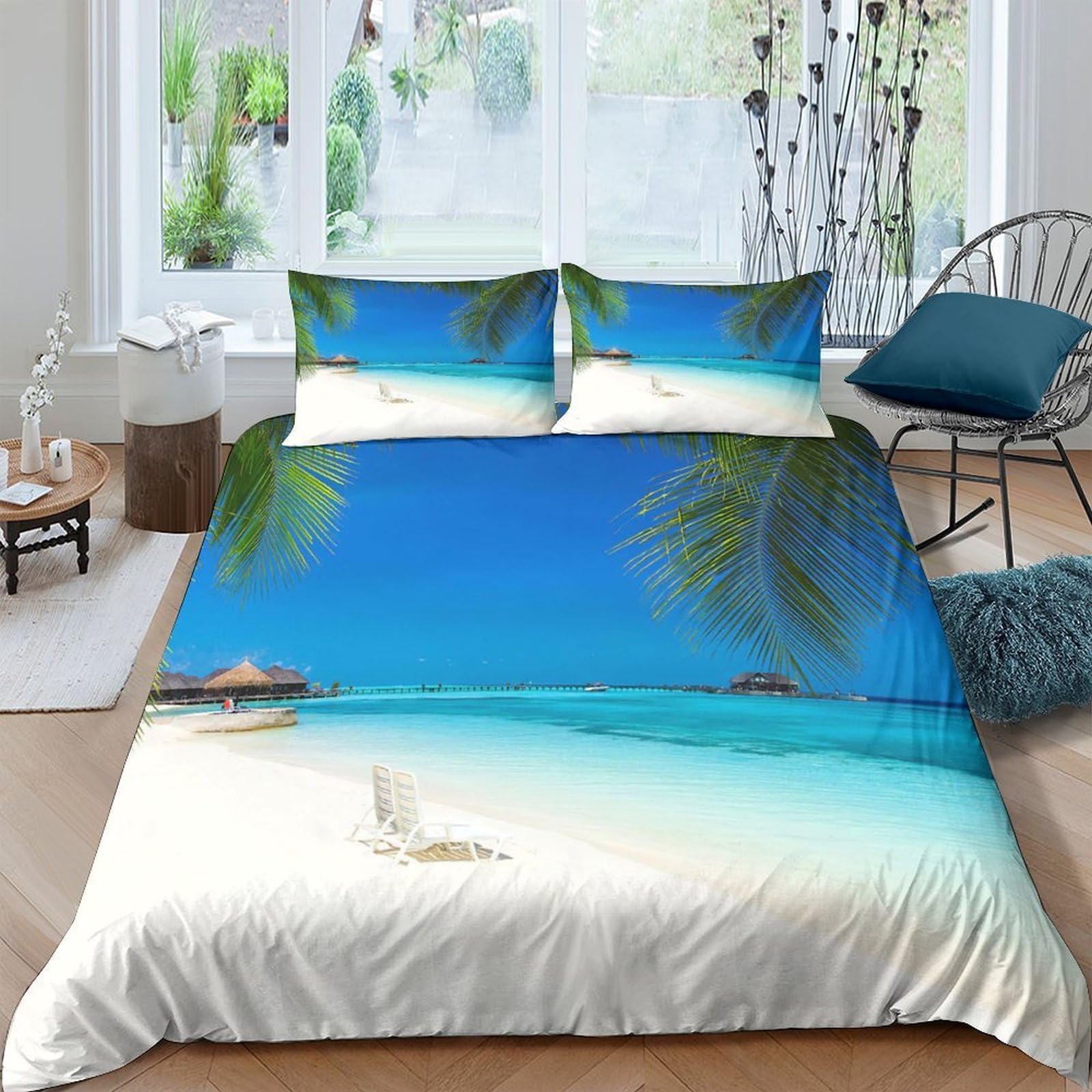 XFKLYNVCJ 3D Printed Tropical Beach Duvet Cover Premium Polyester Luxury Island Quilt Cover Lightweight Hypoallergenic for Uni Accommodation Student Bedroom Bedding Use Double（200x200cm）