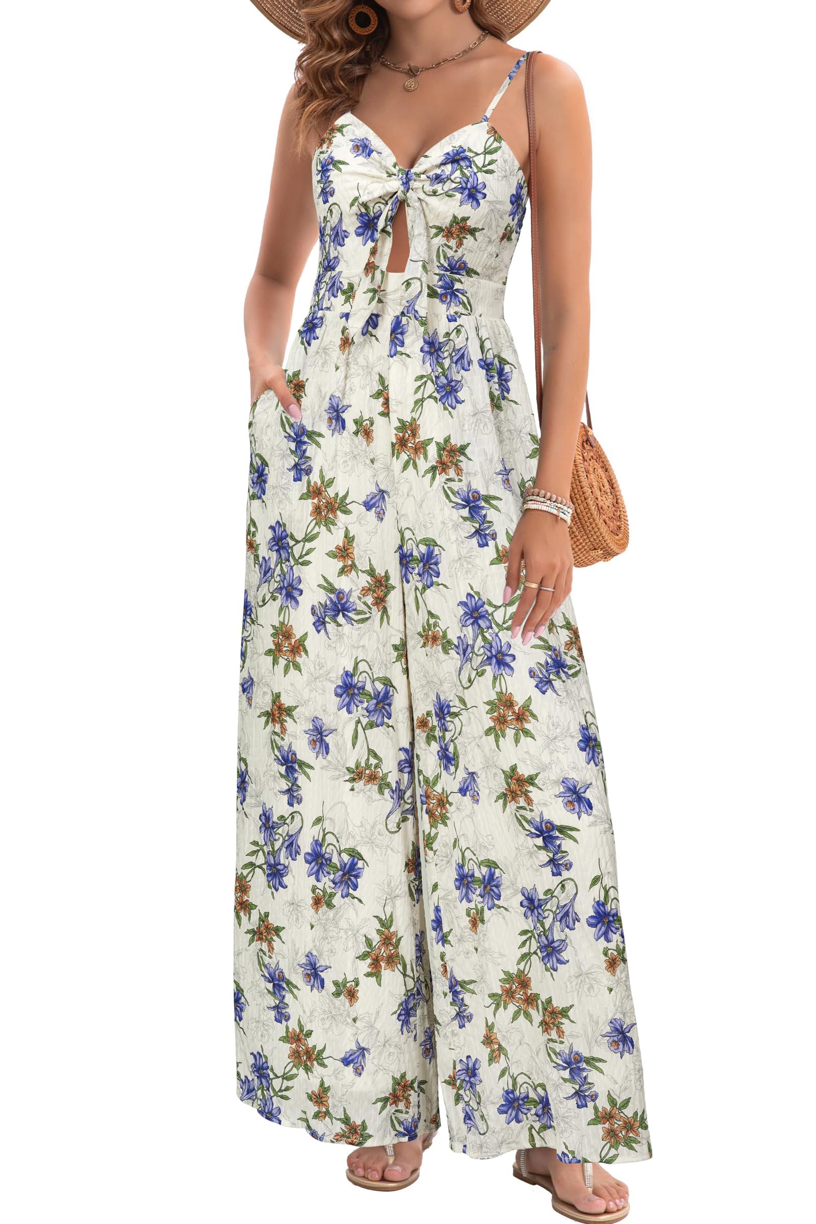LAISHEN Damen Jumpsuit Sommer Elegant Lang Hosenanzug Festlich Hochzeit Tie Front Overall mit Lining