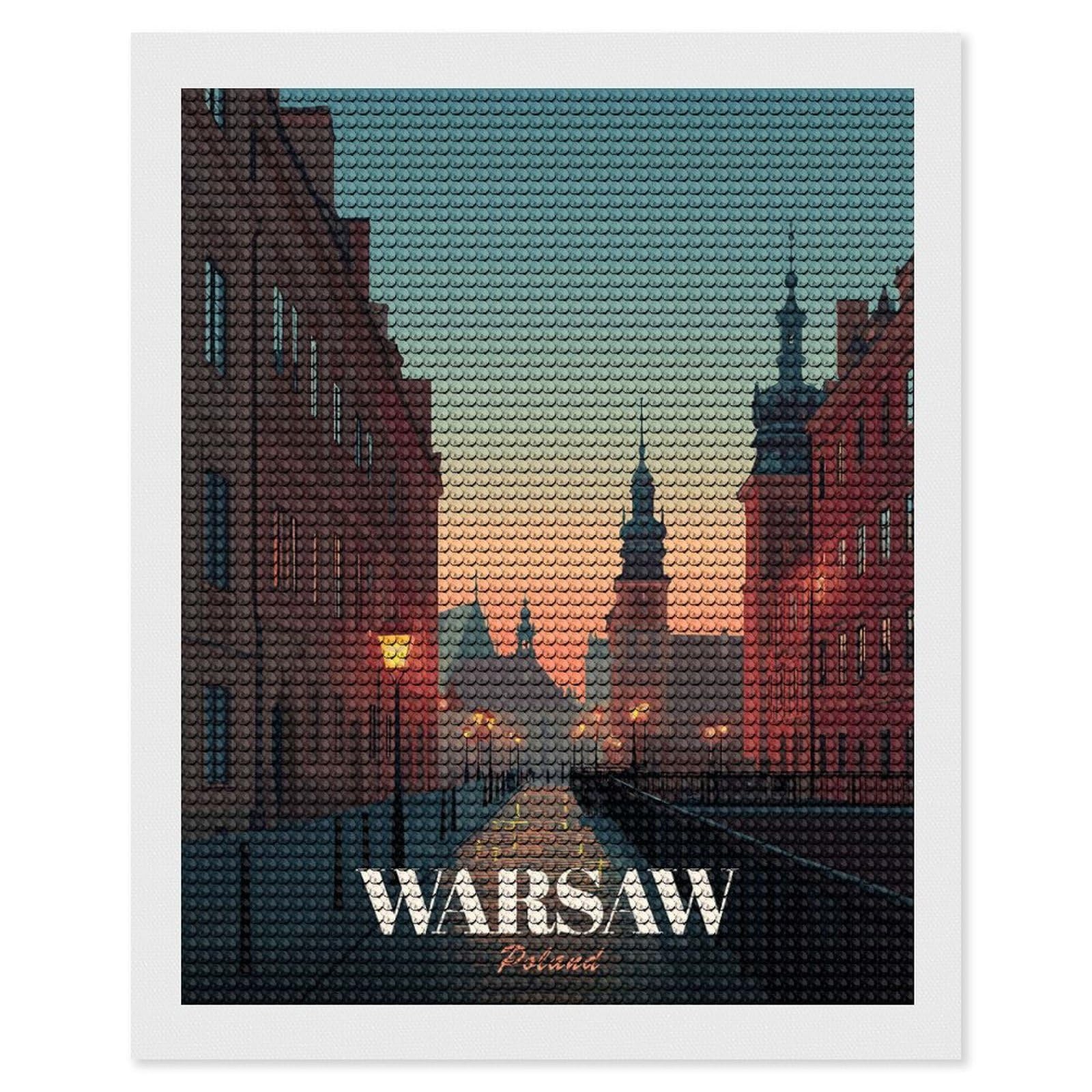 Junmoney Warsaw, Poland Cityscape at Dusk Diamond Painting Canvas Set 16"x20", for Adults, Bedroom Decor, Good for Quiet Evenings, Festive Craft Gift
