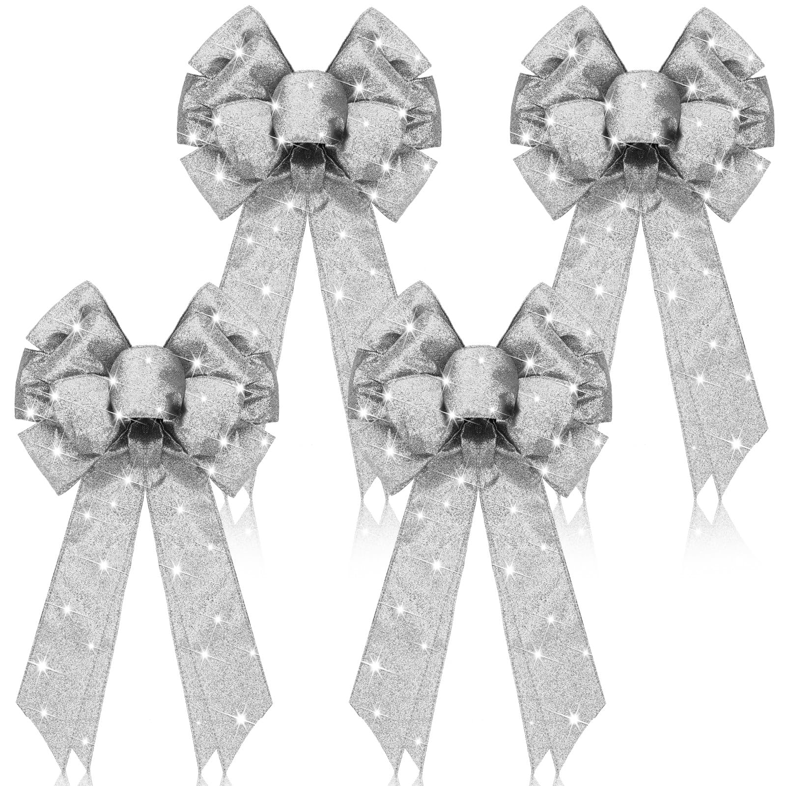 Giegxin Lot de 4 nœuds de couronne de Noël à DEL en toile de jute avec lumières LED pour décoration murale d'intérieur ou d'extérieur (argenté)