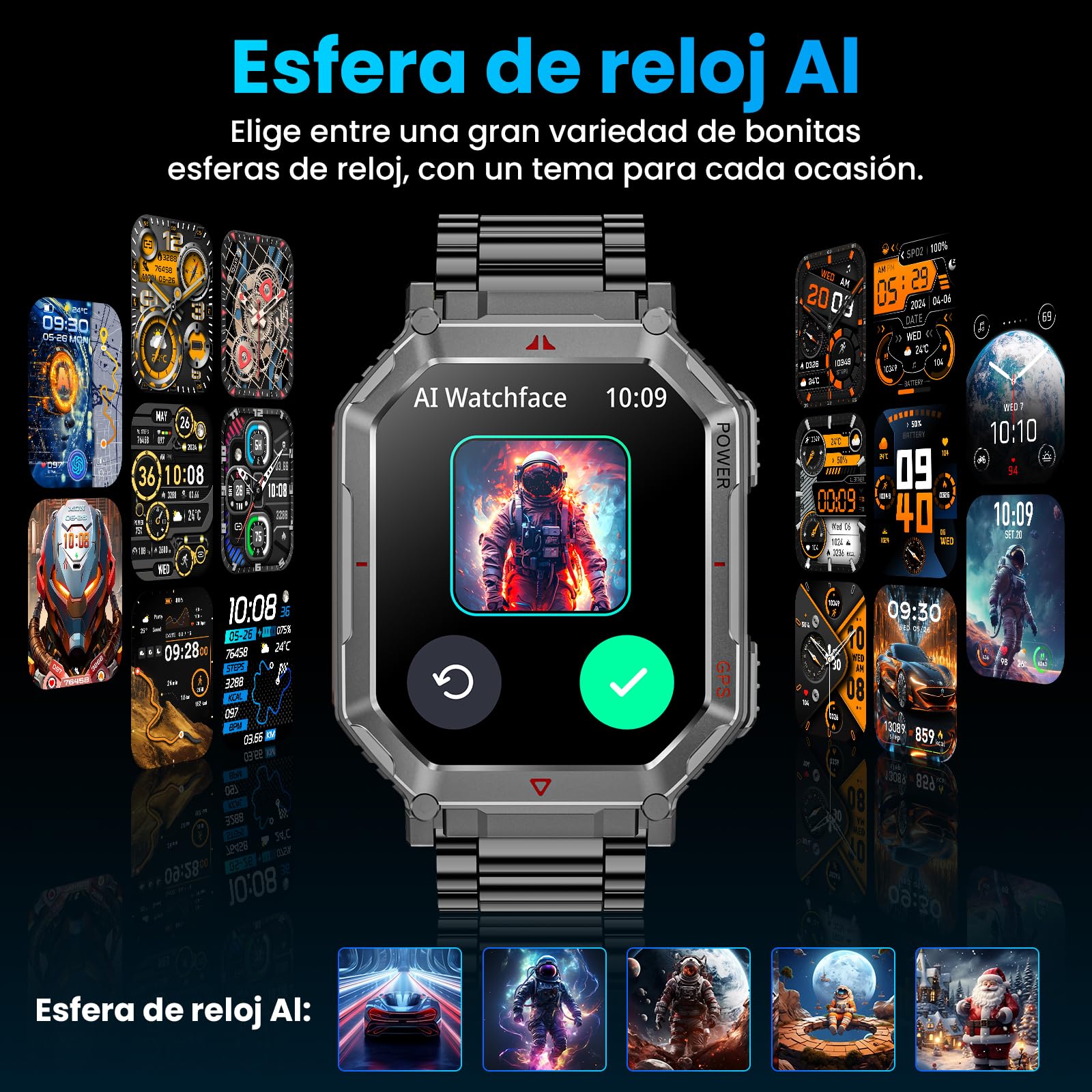 Reloj inteligente militar para hombres Banda de acero, con GPS / brújula, 2.01 "HD Asistente de voz GPT Bluetooth, con linterna led, múltiples modos deportivos, Compatible con Android y iOS (Negro)