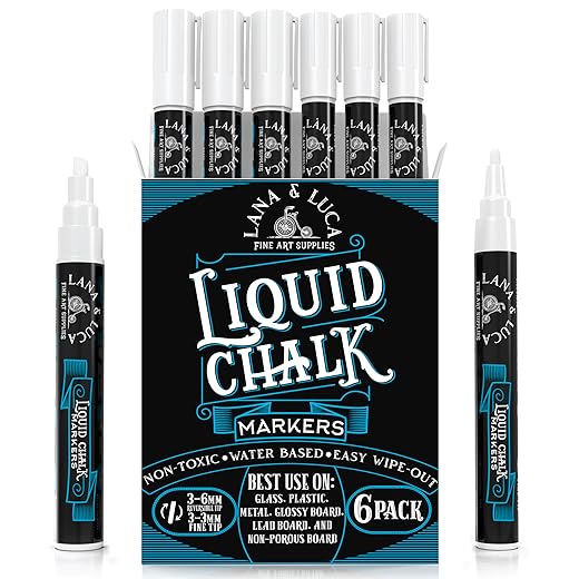 Liquid Chalk Marker Pen - White, Dry Erase for Chalkboard Signs, Windows, Blackboard, Glass with 24 Chalkboard Labels Included (6 Pack) 3-6mm Reversible Tip, 3-3mm Fine Tip