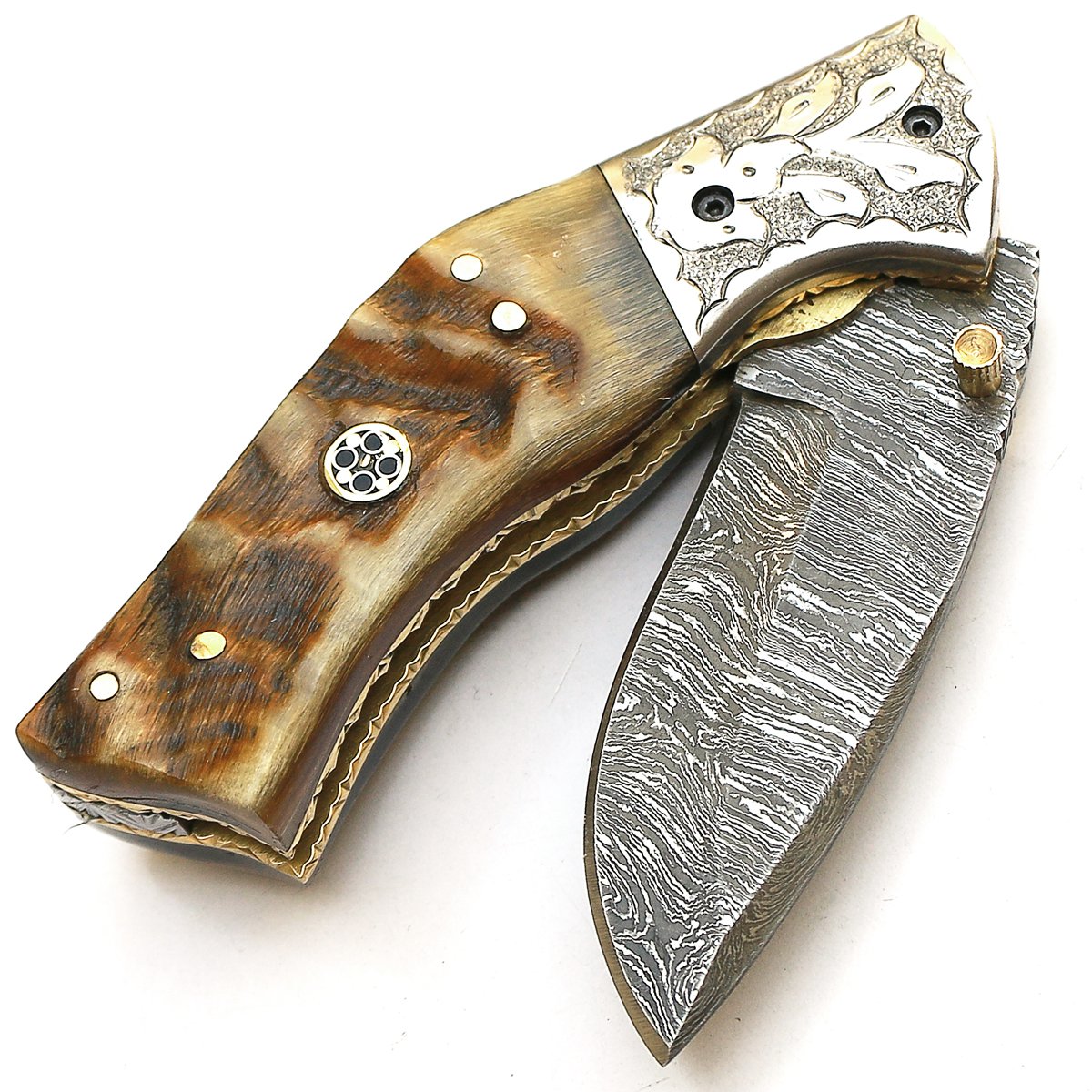Cuchillo plegable, navaja de bolsillo, cuchillo hecho a mano a medida, cuchillo de acero de hoja de Damasco, con funda de cuero, cuchillo de cocina artesanal, cuchillo de cocina forjado a mano 9138