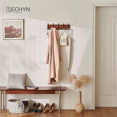 Miniatura 3 de Perchero de madera rústica con 5 ganchos, soporte de pared resistente para colgar chaquetas (marrón)