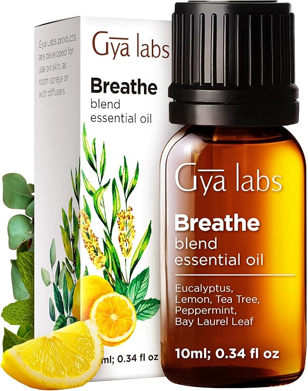 Mezcla de aceites esenciales Breathe de Gya Labs - 0.34 onzas líquidas - para difusor, cabello | Mezcla 100% pura y natural Breathe Easy de eucalipto y menta y más para humidificador y difusor: limpia y aclara el aire
