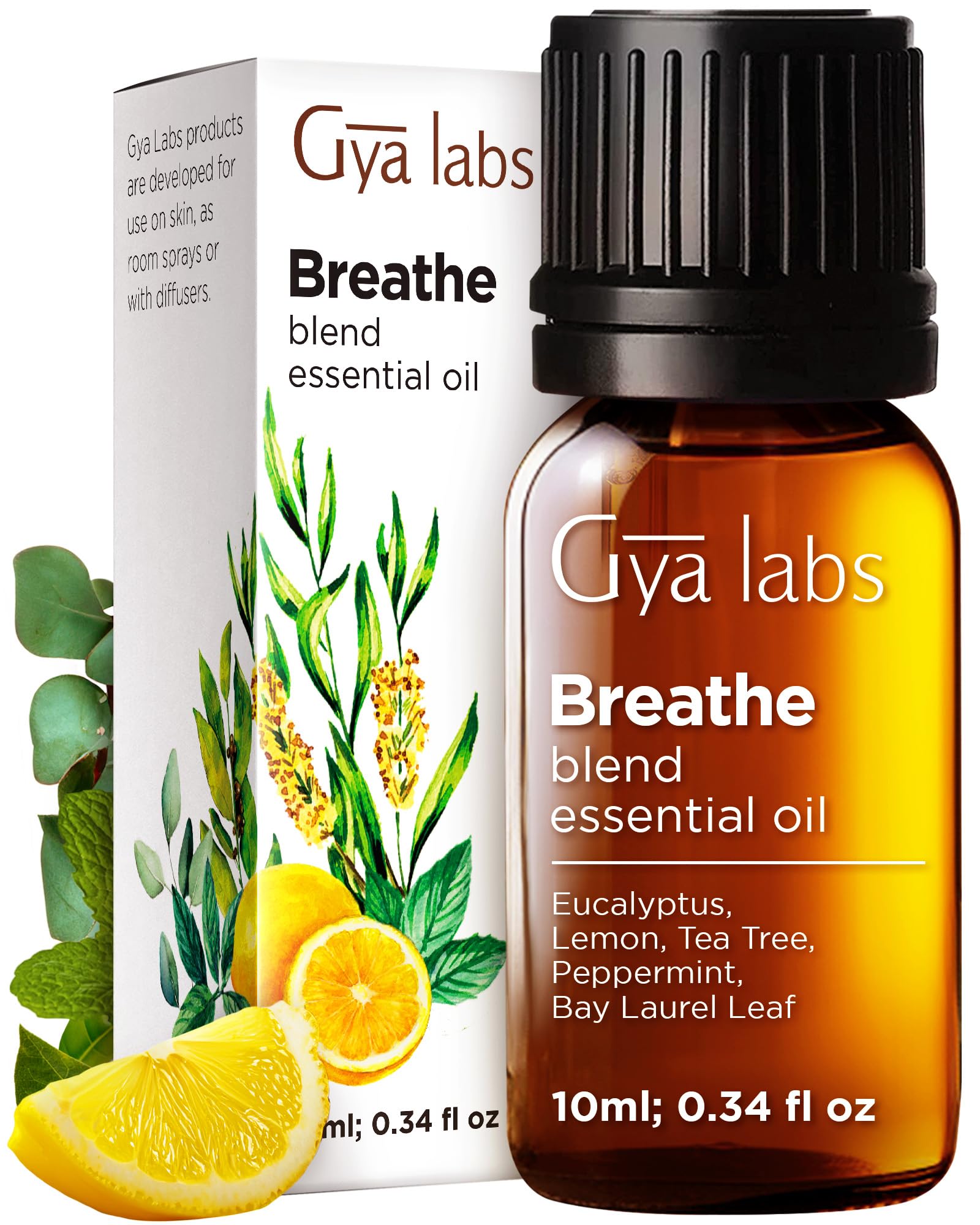 Gya LabsBreathe Essential Oil Blends - 100% Therapeutic Grade Breathe Easy Essential Oils from Eucalyptus, Peppermint Oil and More, for Sinus Relief, Humidifier Cleaner & Congestion (10ml)