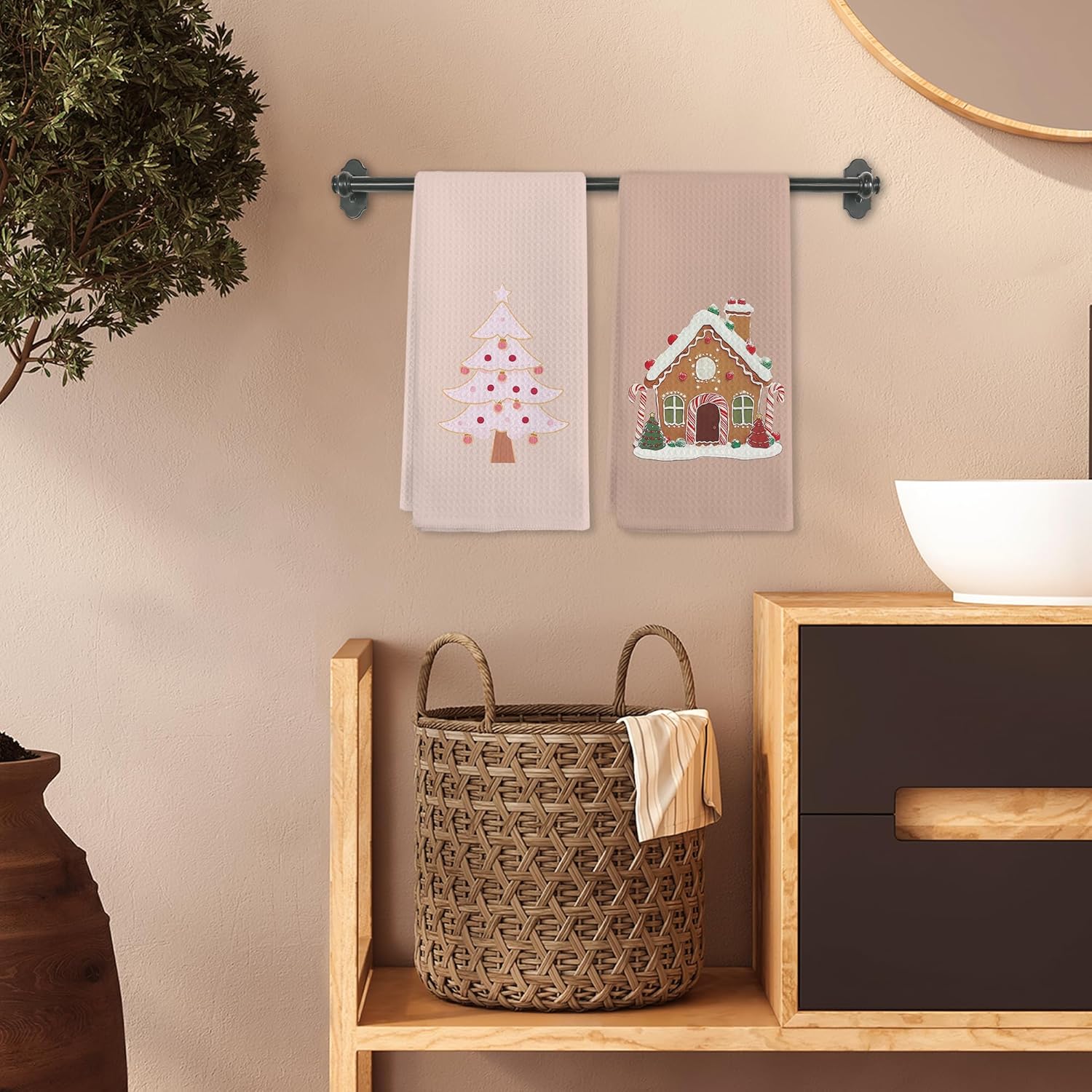 Christmas Tree Gingerbread House Kitchen Towels Set of 2, Pastel Gingerbread Hand Towels for Bathroom, Cute Pink Christmas Tree Dish Tea Towel for Kitchen, Xmas Bathroom Decor, 16x24 Inch - Image 6