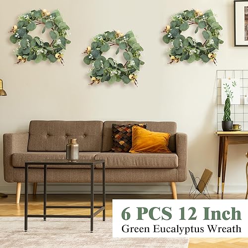 Miniatura 7 de Redbaker 6 piezas corona de eucalipto de 12 pulgadas hojas verdes artificiales coronas de vegetación para puerta principal casa de campo decoración