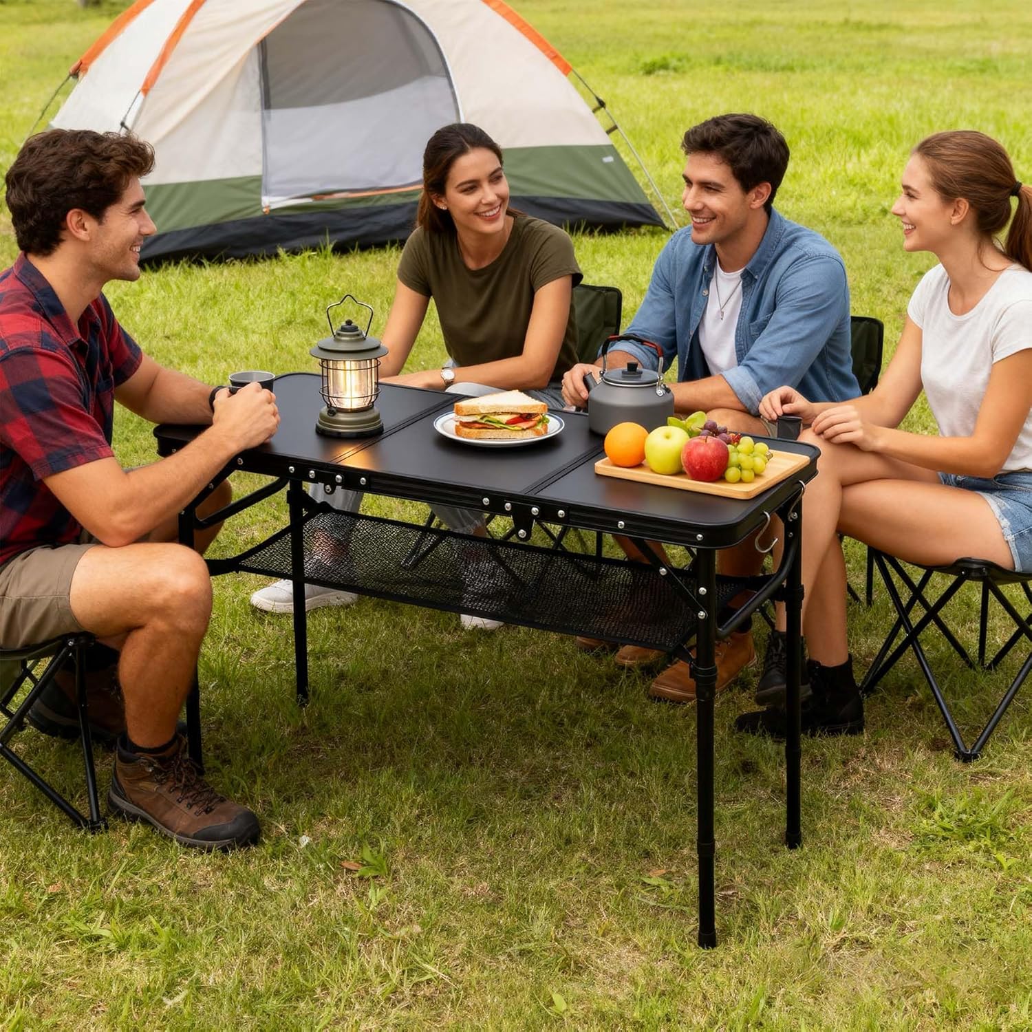 Folding Picnic Table with Storage Net, Matte Black Aluminum Folding Table 35" x 16", Adjustable Height Max 27.5", Lightweight Portable for Camping Travel Grill Indoor