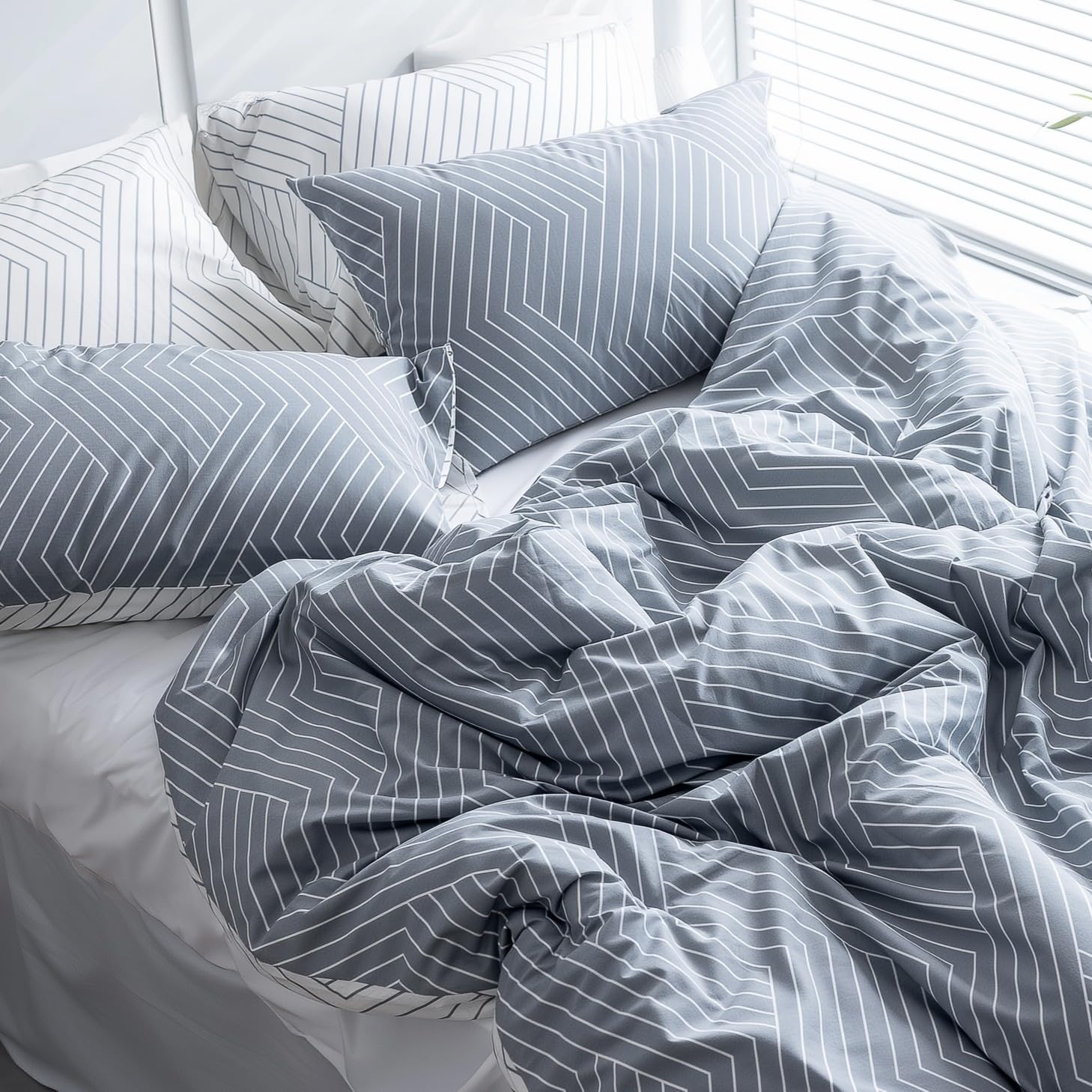 Leruum Gray Duvet Cover Bedding Set 100% Cotton Reversible Striped Quilt Cover Set (, (155X220 + (80X80))