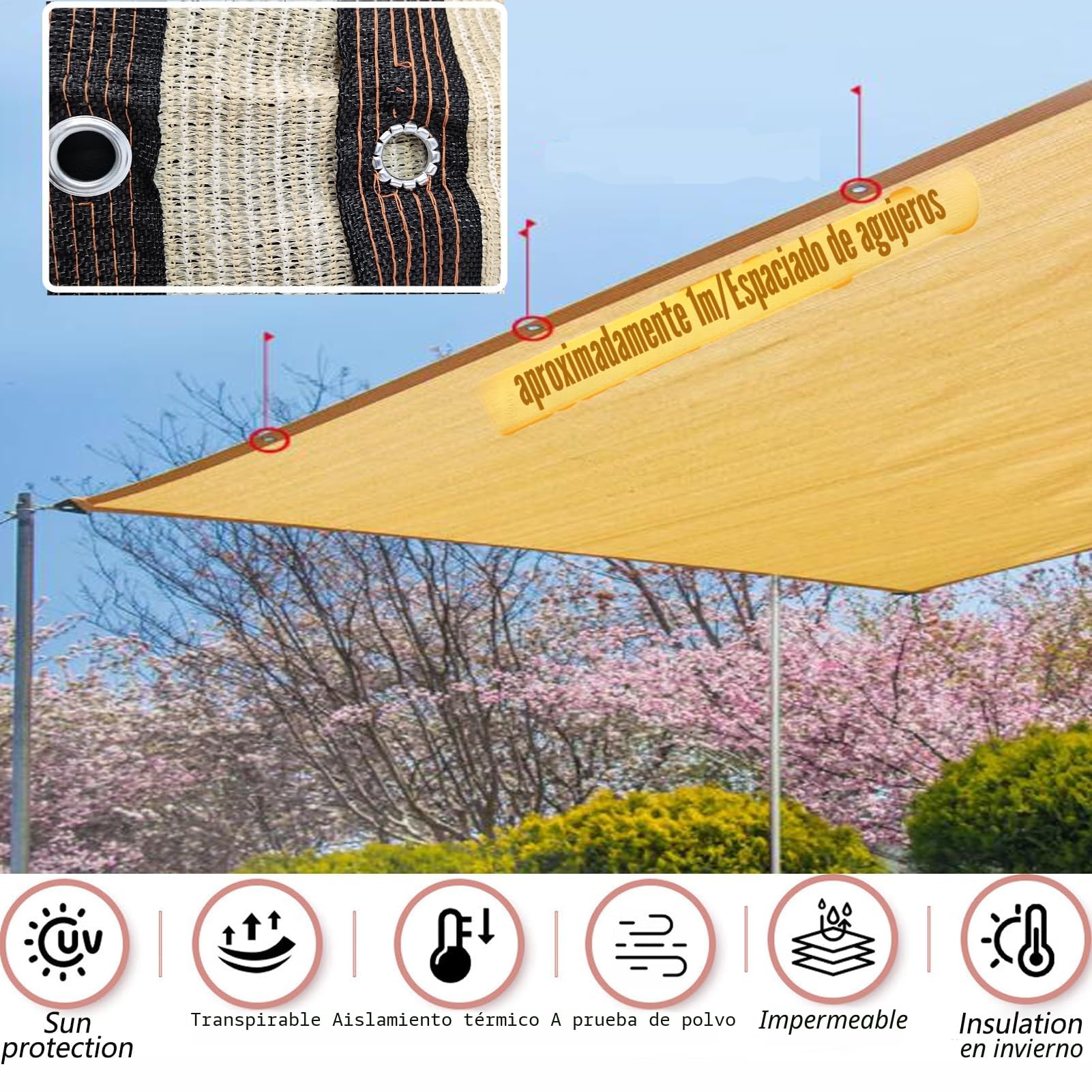 Malla de Sombra 2mx2m– Beige – 85% Protección UV–Red de Protección Solar con Ojales para Balcón, Jardín, Terraza e Invernadero – Toldo Vela de Sombra Exterior
