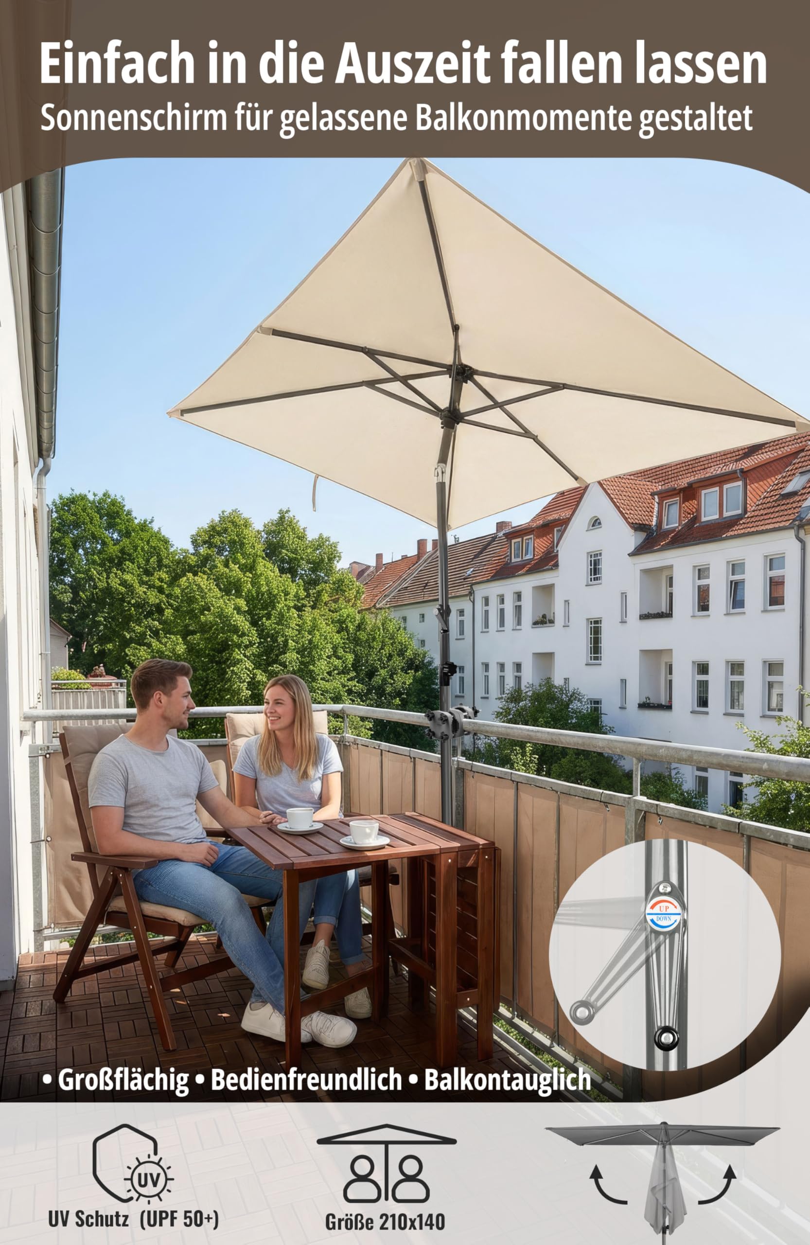 4smile SunnyShade Sonnenschirm Balkon Modern mit Kurbel, Sonnenschirm rechteckig 210x140 cm, Sonnenschutz Balkon mit UV 50+, Balkonschirm mit Schutzhülle, knickbar und höhenverstellbar, Beige