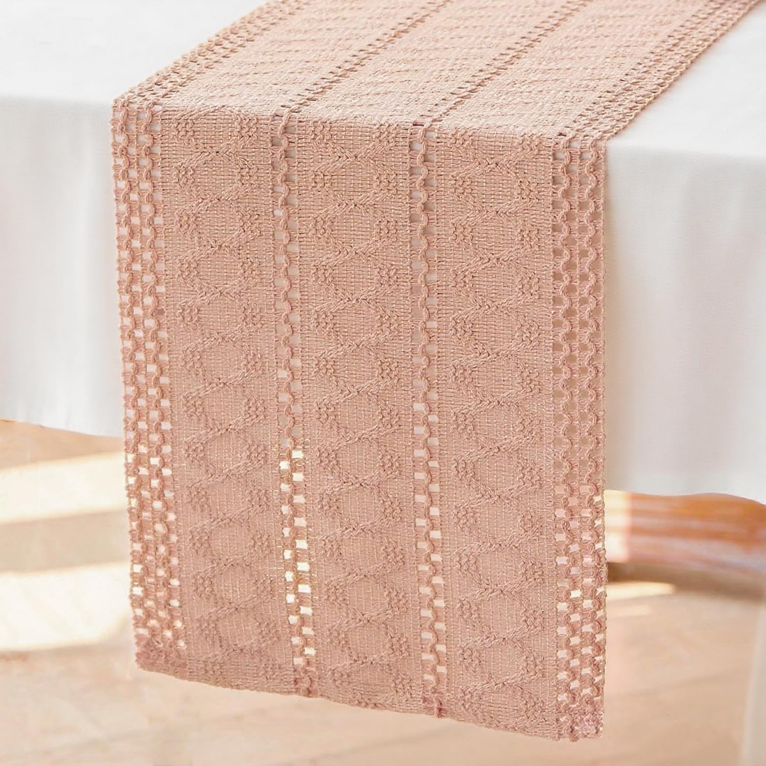 Brylleii Table Runner Crochet Dusky Pink Boho Macrame Decorative Table Runner Modern 30 x 80 cm Spring Cotton Tablecloth Linen Country House Style Washable Table Runner Slim for Wedding Table