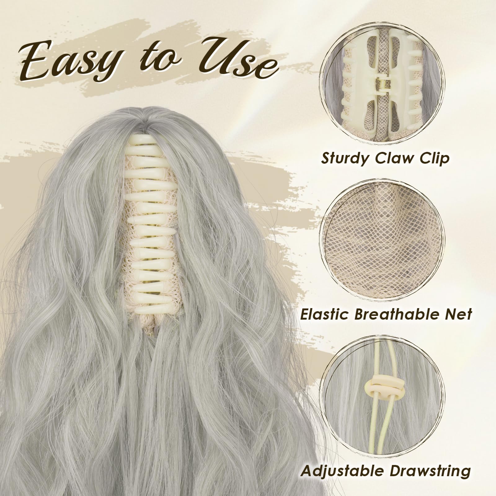 FESHFEN Claw Clip Ponytail Extensions, Long Pony Tail Hair Piece Wavy Curly Synthetic Hairpieces for Women Grey 30 inch - Image 3