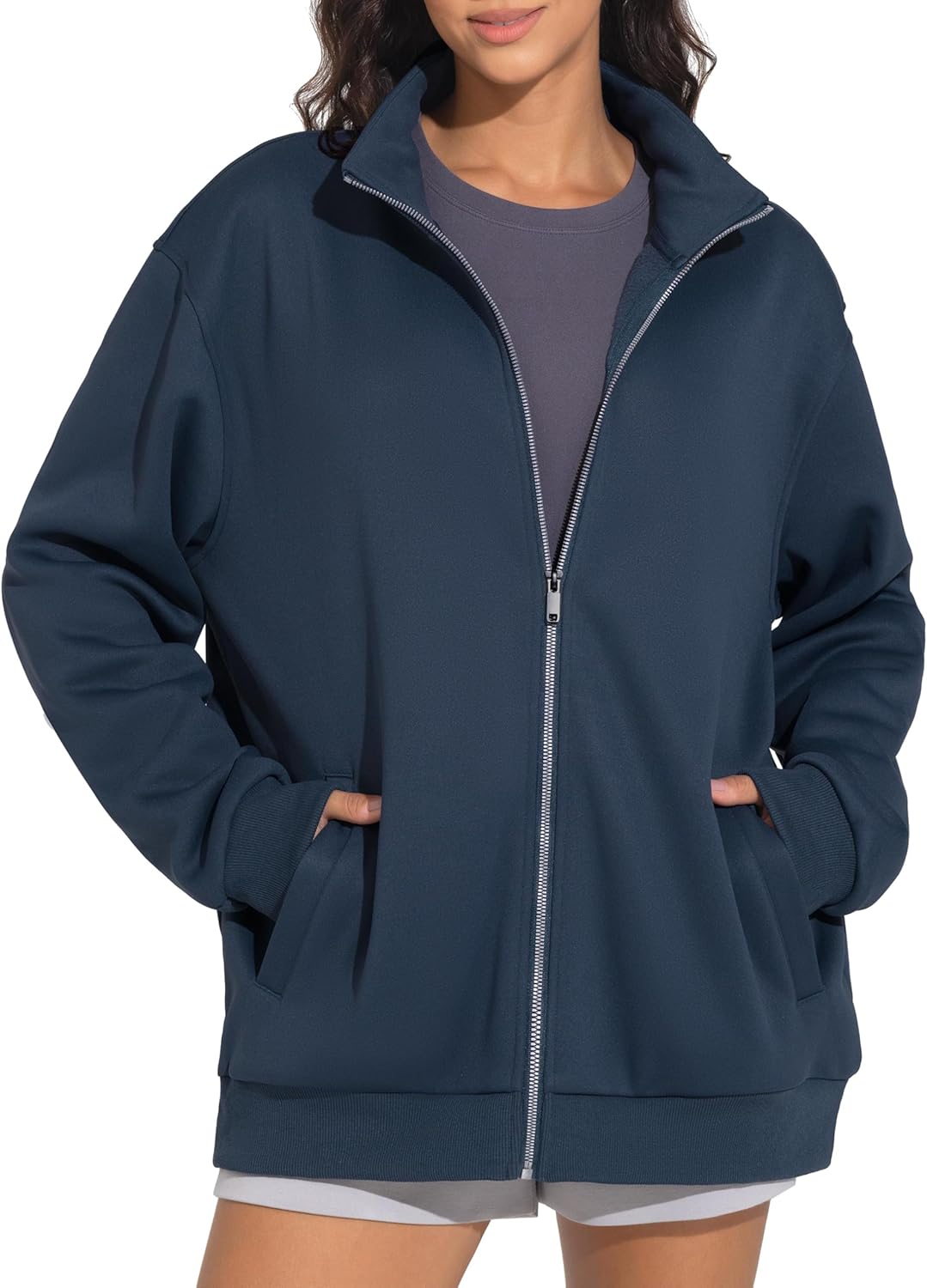 THE GYM PEOPLE Women's Oversized Full Zip Up Sweatshirts Fleece Long Sleeves Stand Collar Workout Jacket with Pockets