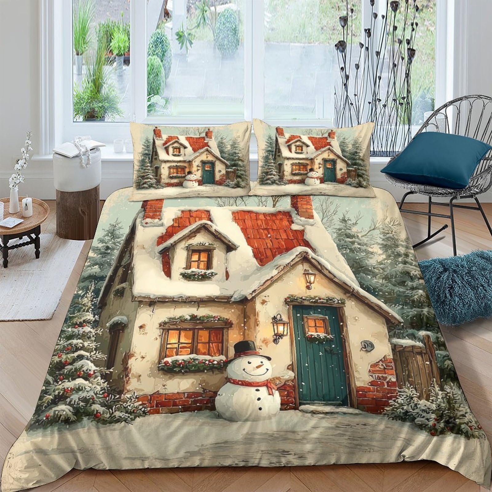 Ctjqhvkz Style-9 3D Printed Snow House Fitted Sheet Microfiber Anti-Slip Winter Cottage Bed Cover For Bedroom Guest Room Decor Single（135X200cm）